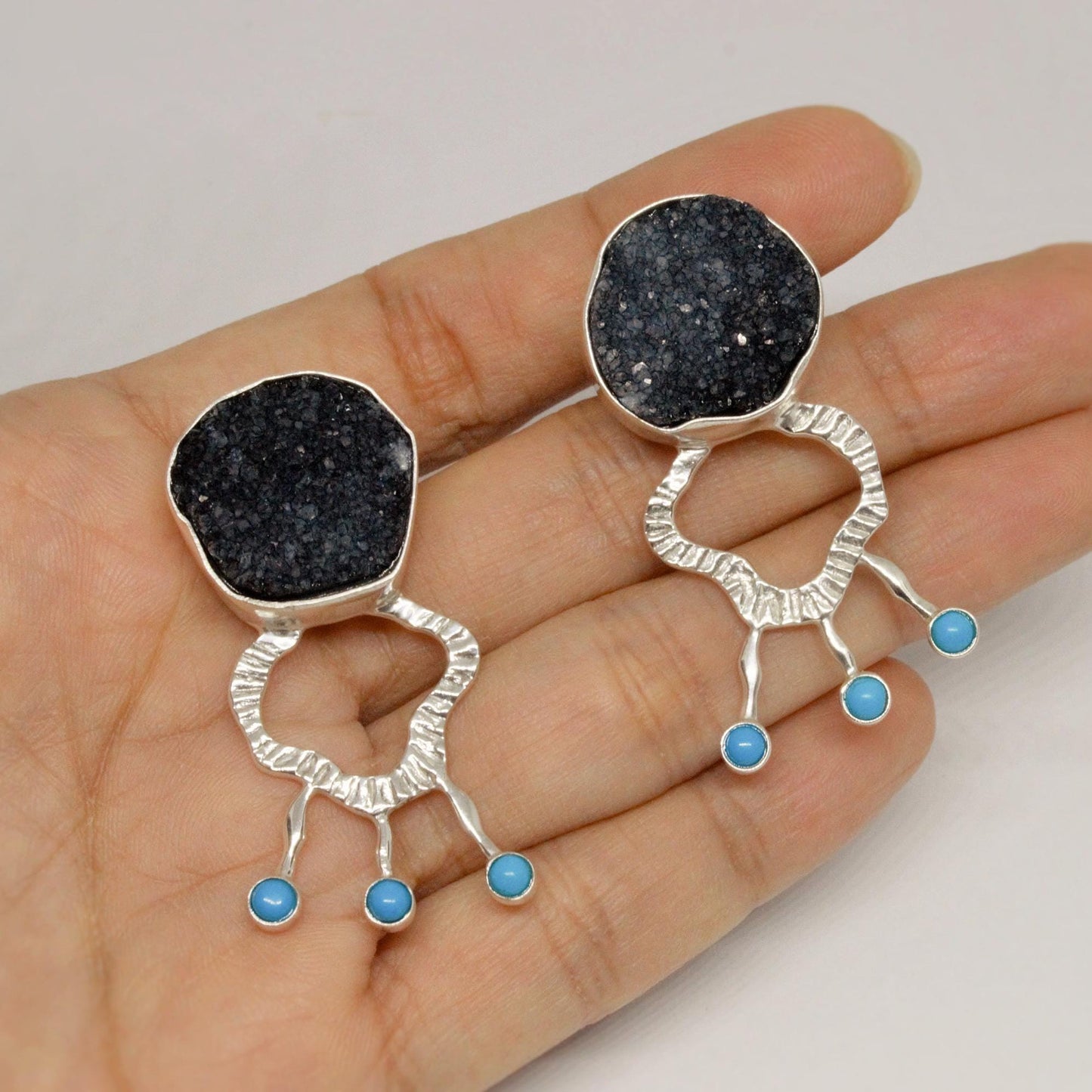 Black Agate, Turquoise Silver Earrings, Unique Black Druzy Earrings, Turquoise Jewelry, December Birthstone, Unique Statement Earrings