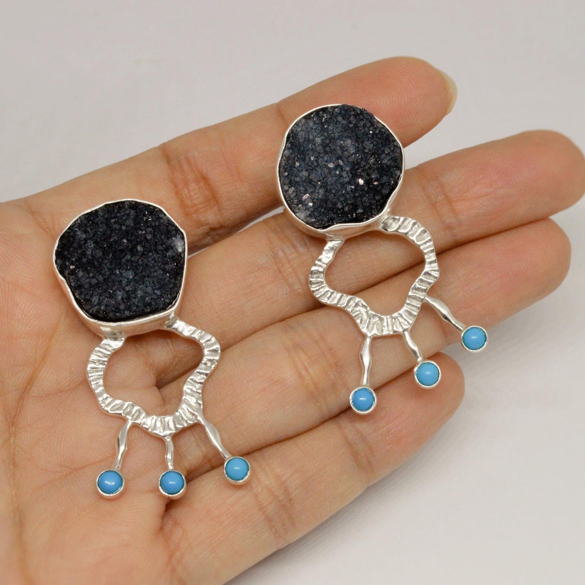 Black Agate, Turquoise Silver Earrings, Unique Black Druzy Earrings, Turquoise Jewelry, December Birthstone, Unique Statement Earrings