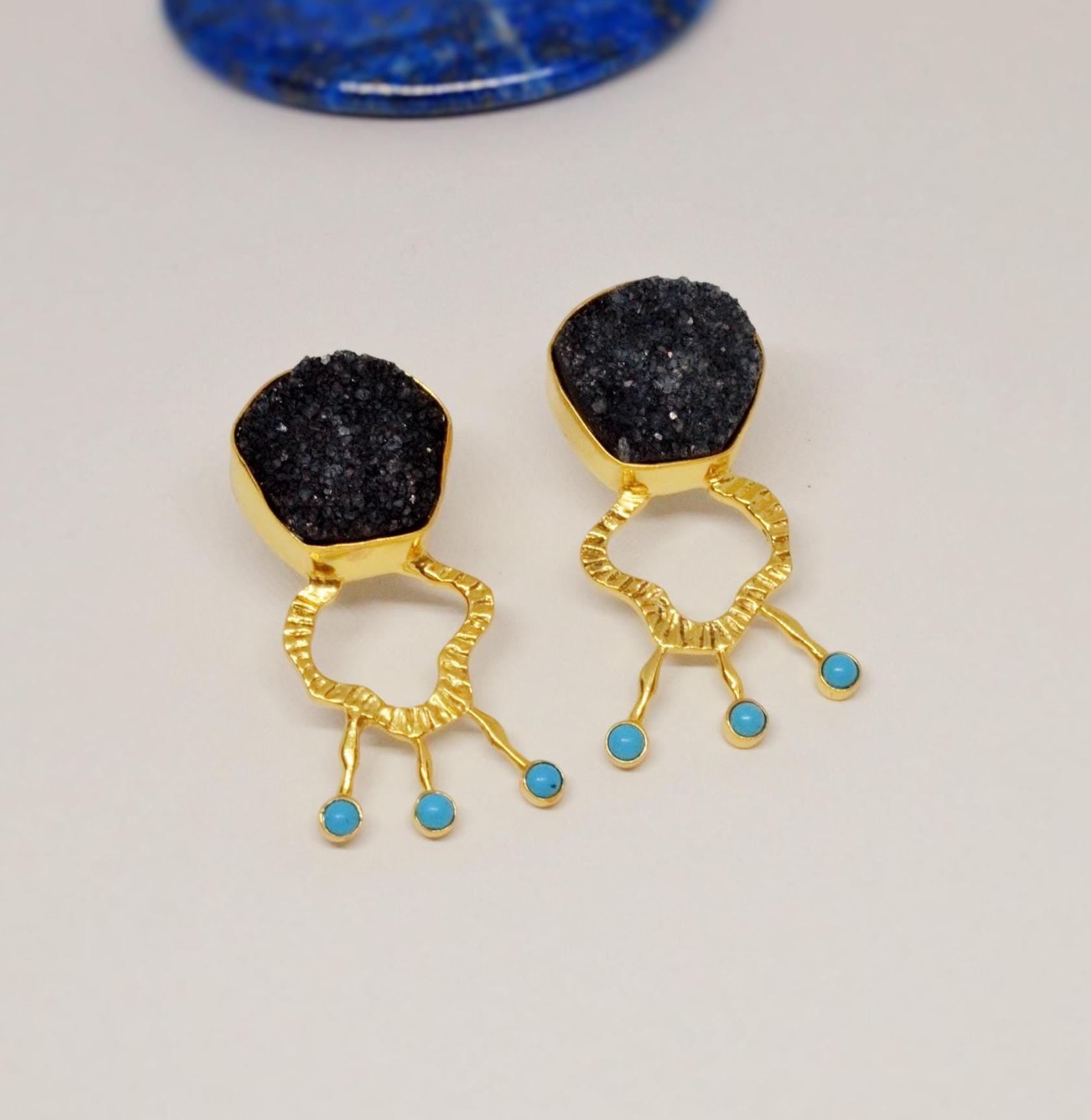 Black Agate, Turquoise Silver Earrings, Unique Black Druzy Earrings, Turquoise Jewelry, December Birthstone, Unique Statement Earrings