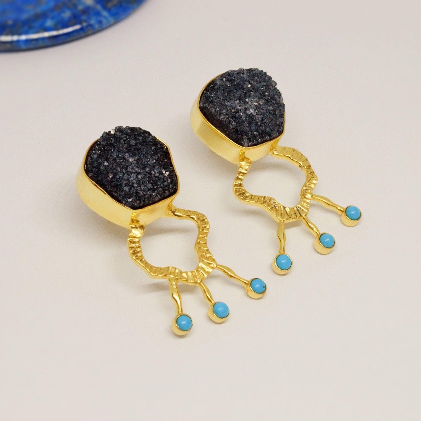 Black Agate, Turquoise Gold Earrings, December Birthstone, Unique Black Druzy Earrings, Turquoise Jewelry, Birthday Gifts For Her