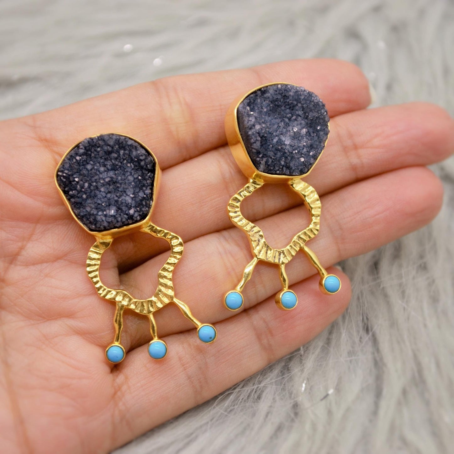 Black Agate, Turquoise Gold Earrings, December Birthstone, Unique Black Druzy Earrings, Turquoise Jewelry, Birthday Gifts For Her