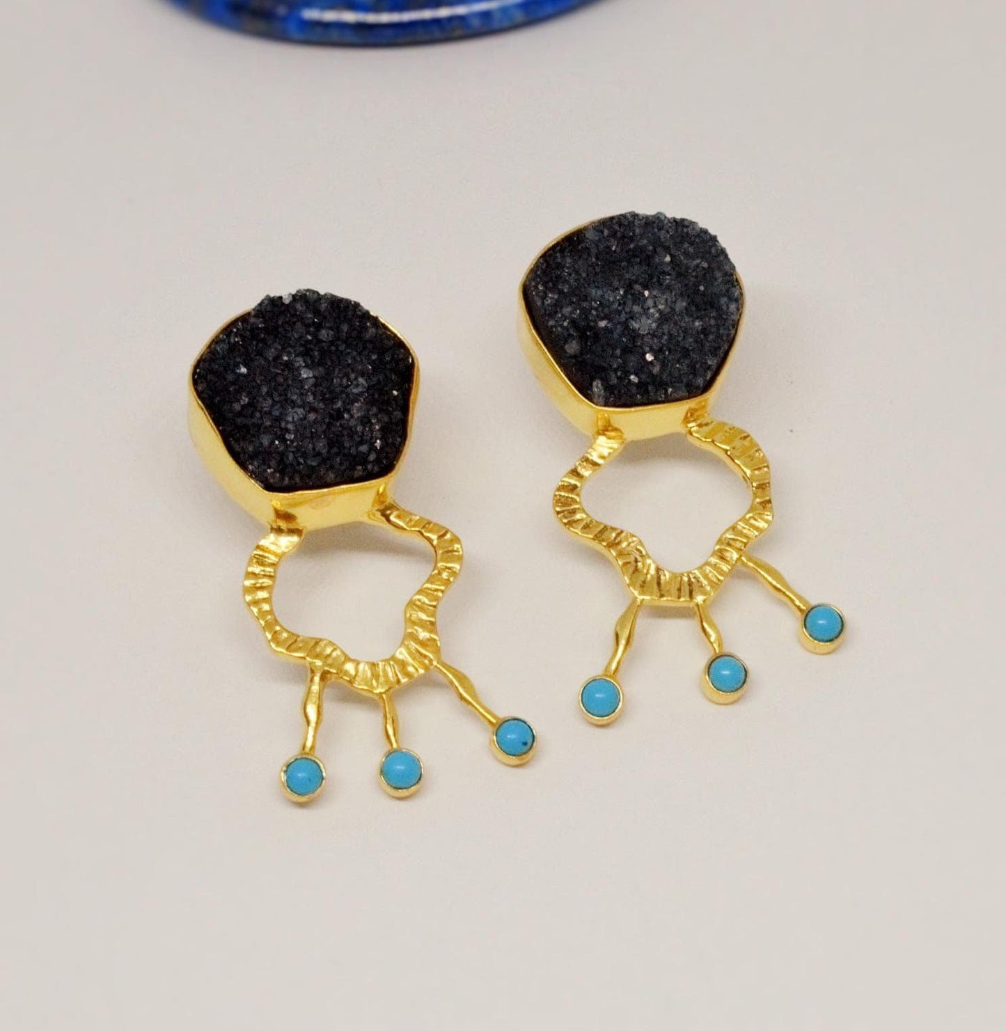 Black Agate, Turquoise Gold Earrings, December Birthstone, Unique Black Druzy Earrings, Turquoise Jewelry, Birthday Gifts For Her