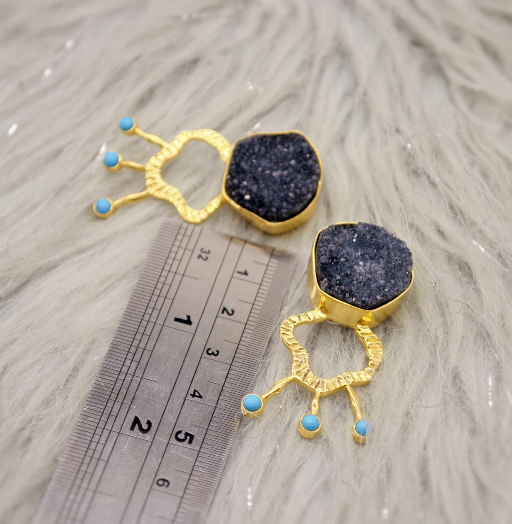 Black Agate, Turquoise Gold Earrings, December Birthstone, Unique Black Druzy Earrings, Turquoise Jewelry, Birthday Gifts For Her