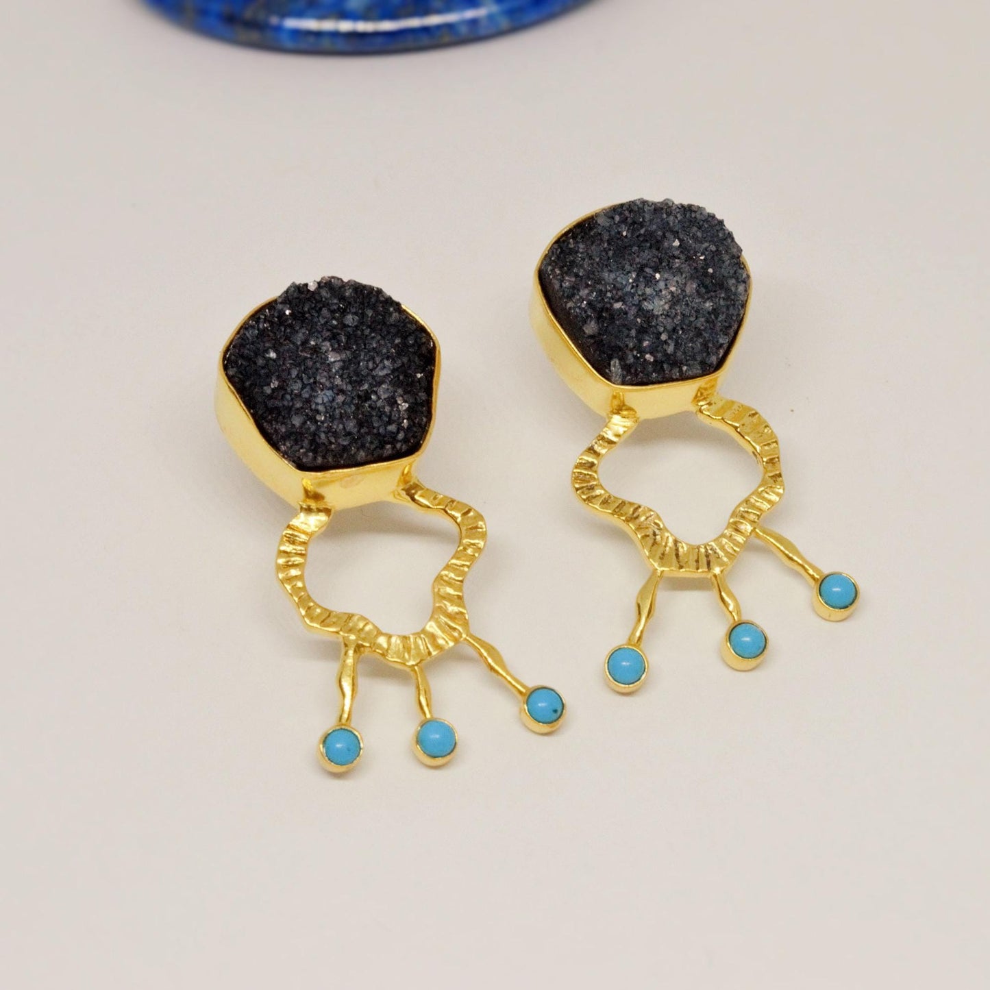 Black Agate, Turquoise Gold Earrings, December Birthstone, Unique Black Druzy Earrings, Turquoise Jewelry, Birthday Gifts For Her