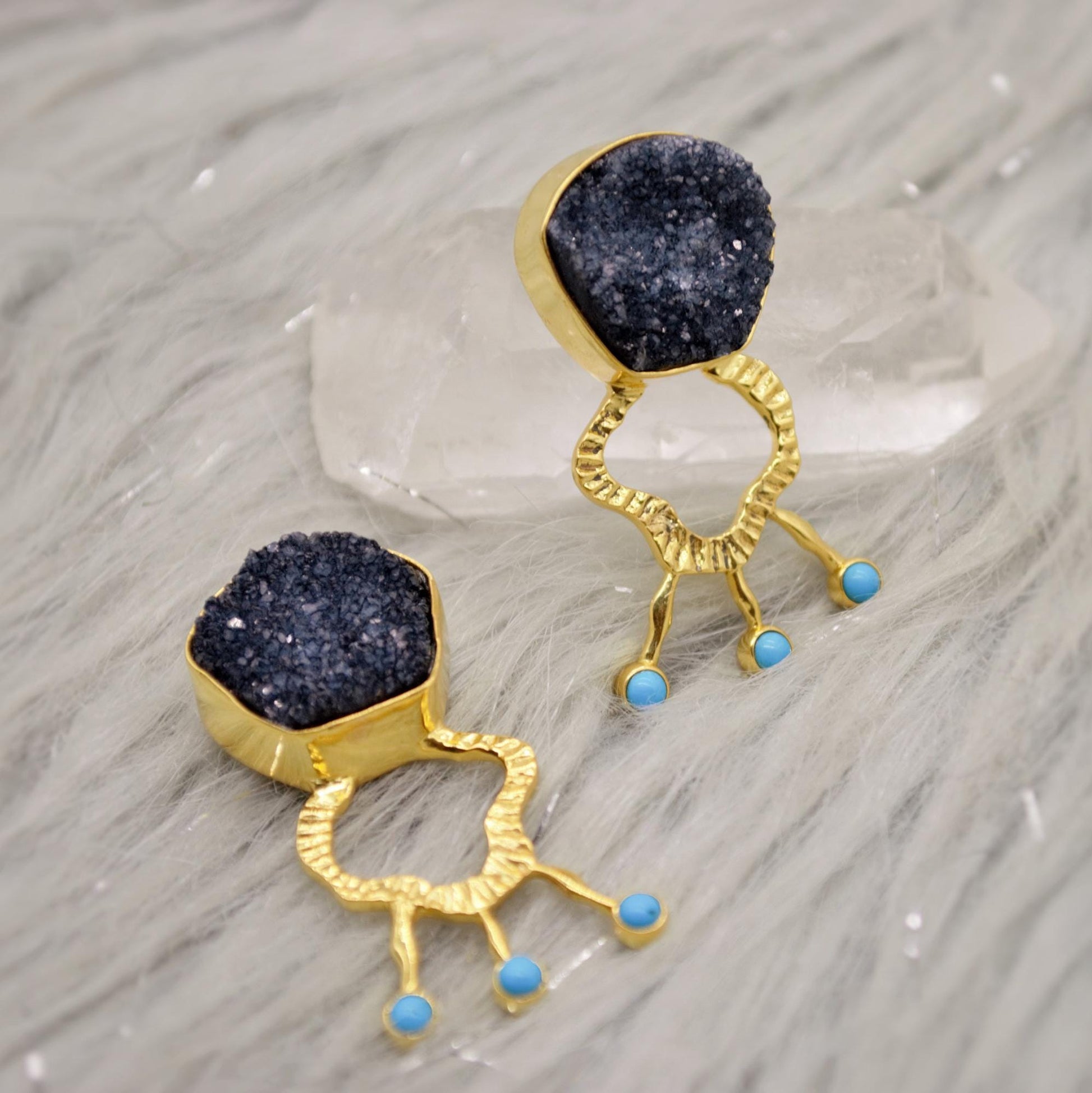 Black Agate, Turquoise Gold Earrings, December Birthstone, Unique Black Druzy Earrings, Turquoise Jewelry, Birthday Gifts For Her