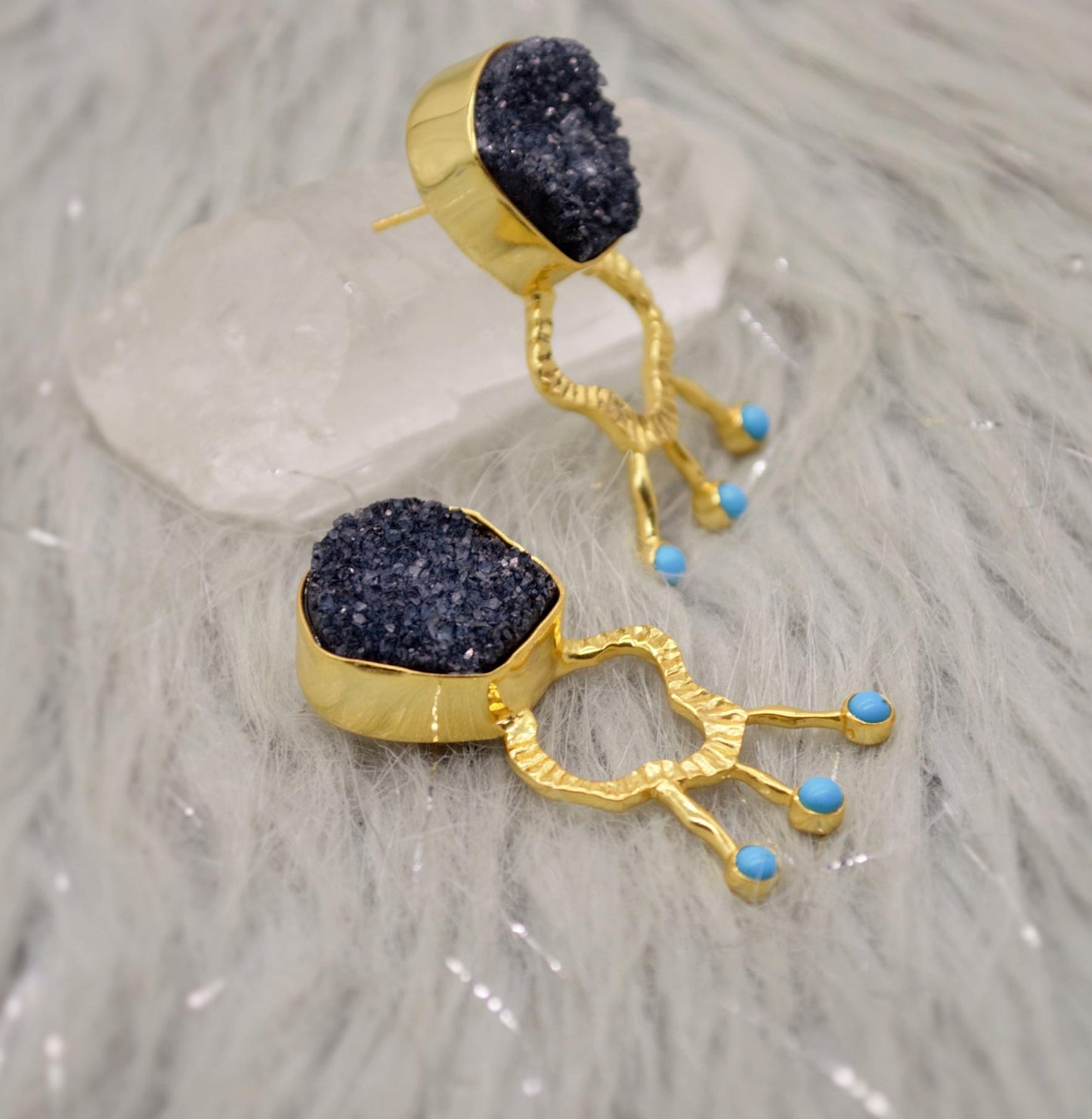 Black Agate, Turquoise Gold Earrings, December Birthstone, Unique Black Druzy Earrings, Turquoise Jewelry, Birthday Gifts For Her