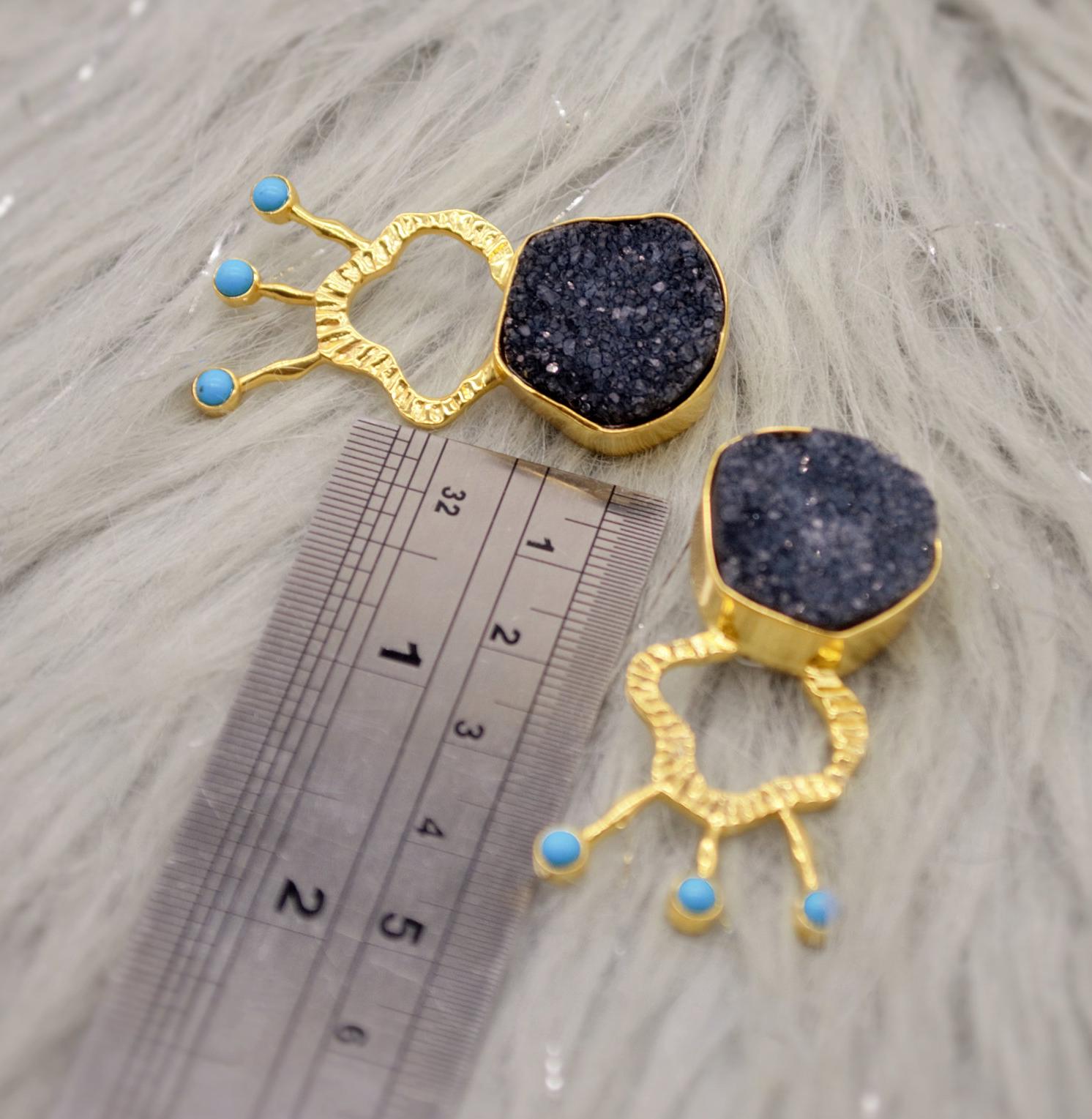 Black Agate, Turquoise Gold Earrings, December Birthstone, Unique Black Druzy Earrings, Turquoise Jewelry, Birthday Gifts For Her