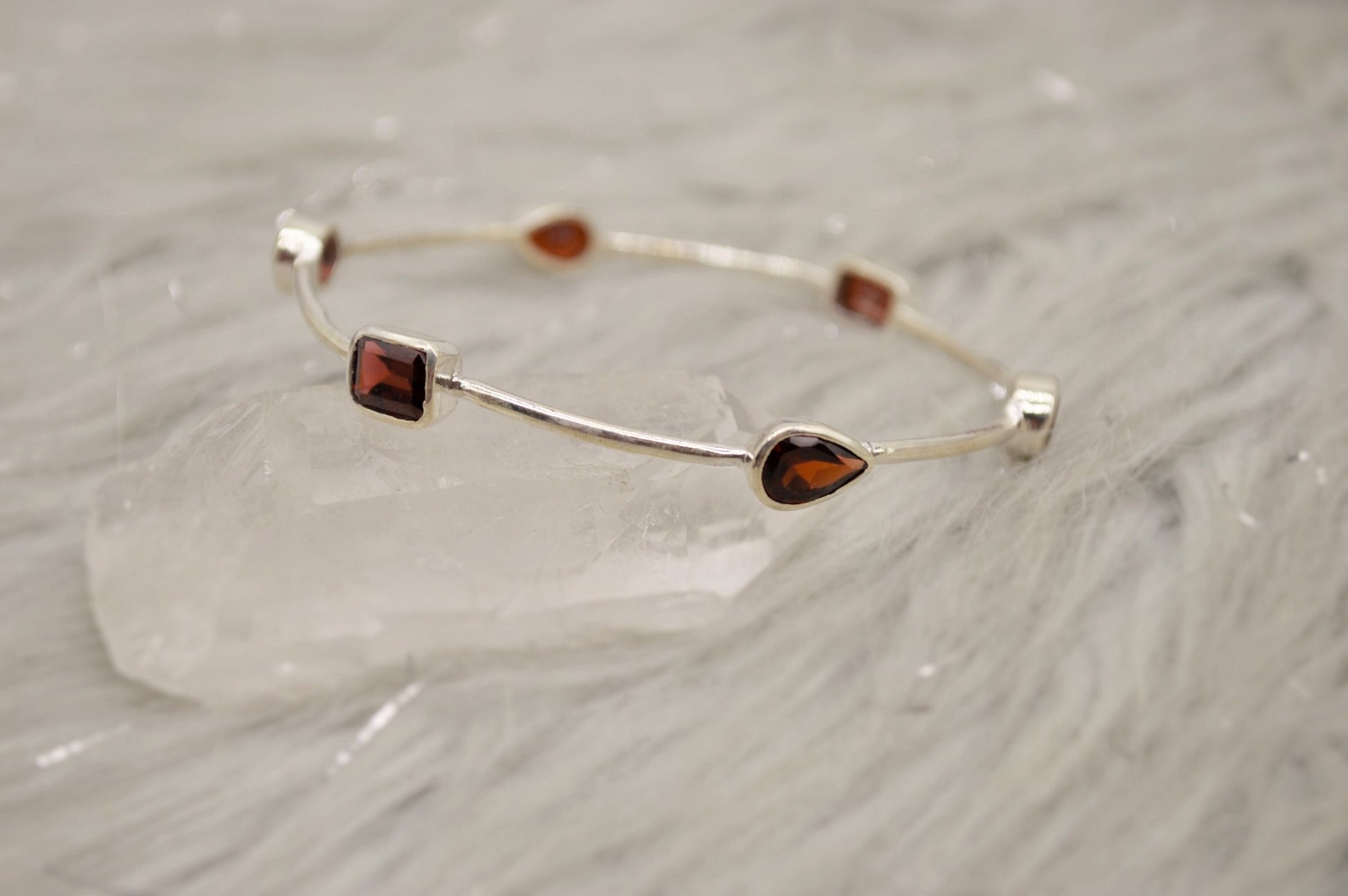 Multi Shaped Red Garnet Silver Bangle, Birthstone Bracelet, 6cm Diameter 18.9cm Circumference, Silver Bangles Gifts, January Birthstone