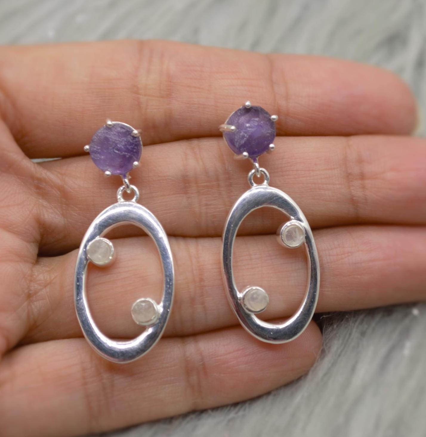 Amethyst, Moonstone Silver Earrings, Amethyst Jewelry, February Birthstone, Minimalist Purple Earrings, Unique Sterling Silver Drop Earrings