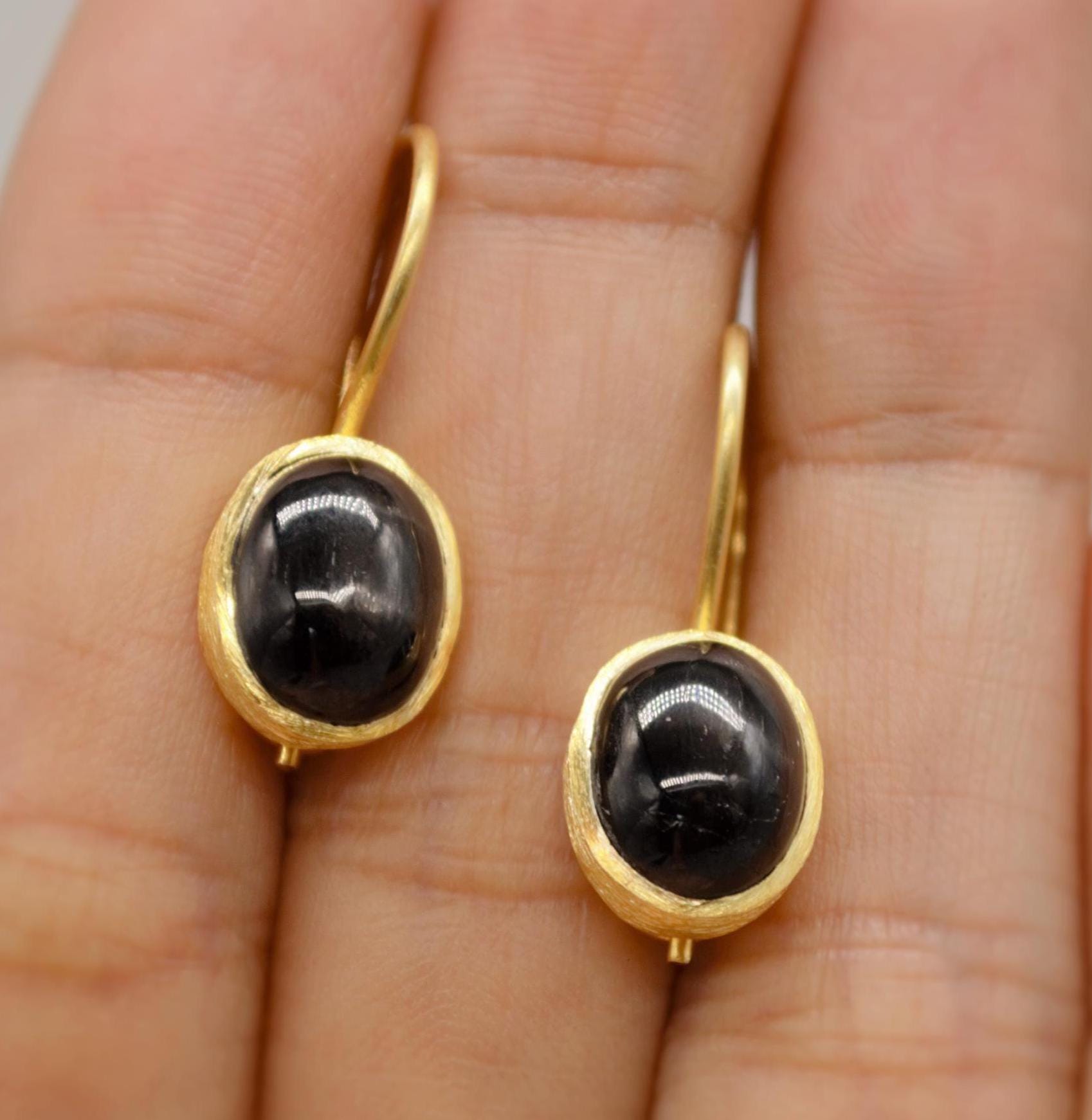 Black Onyx Gold Earrings, Gold Plated Sterling Silver Statement Gemstone Earrings, Unique Dangle, Black Onyx Jewelry, Birthday Gift For Her