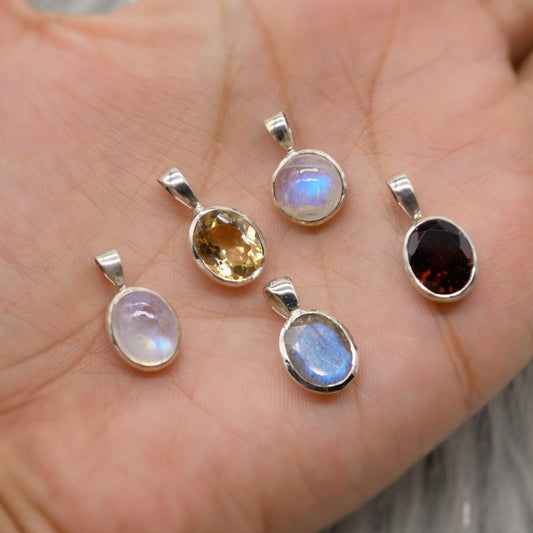 Gemstone Pendant Citrine, Rainbow Moonstone, Labradorite, Garnet, Dainty Sterling Silver Birthstone Pendant, Christmas Gifts For Her