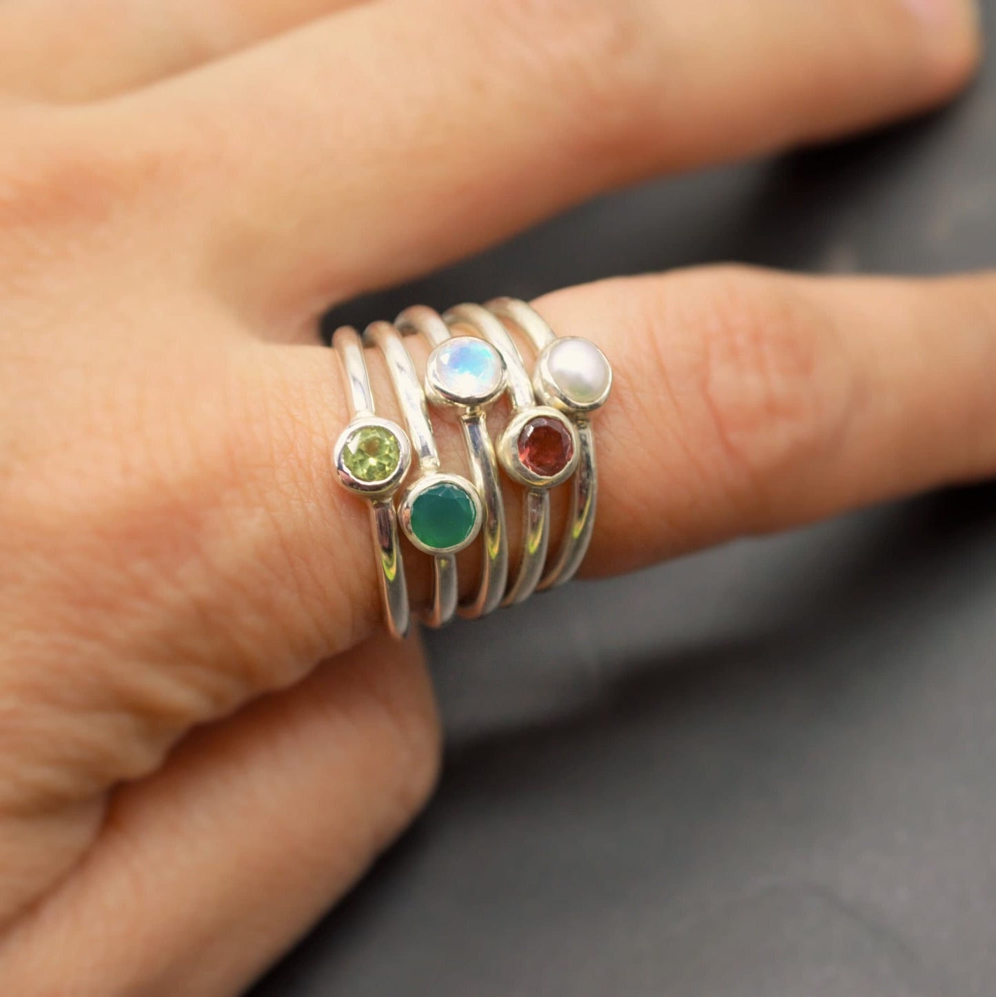 Amethyst, Peridot, Pearl, Moonstone, Garnet, Green Onyx dainty ring set in 925 silver, Stackable ring, dainty birthstone gemstone rings,