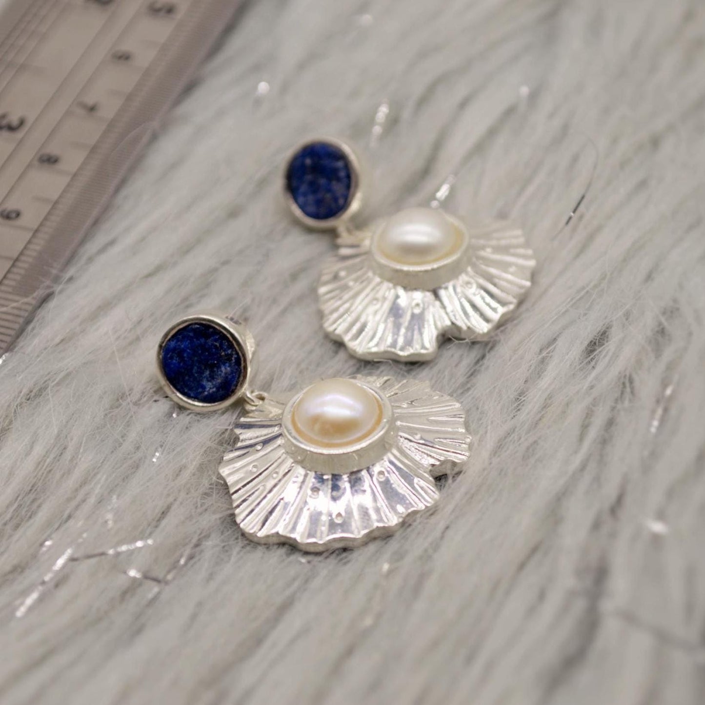 Raw Lapis Lazuli Sterling Silver Earrings, Pearl Earrings, December and June Birthstone, Dainty Handmade Unique Gemstone Drop Earrings