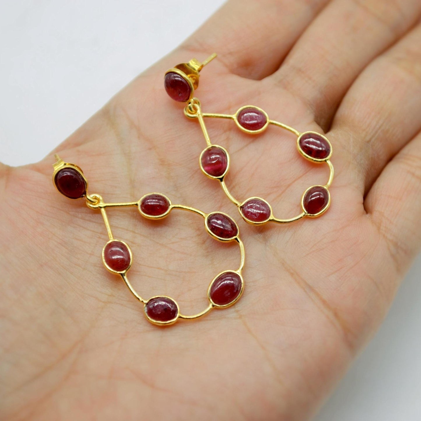 Gold Ruby Hoop Earrings, Cute Dainty Drop Earrings, Indian Wedding Jewelry, Minimalist July Birthstone Earrings