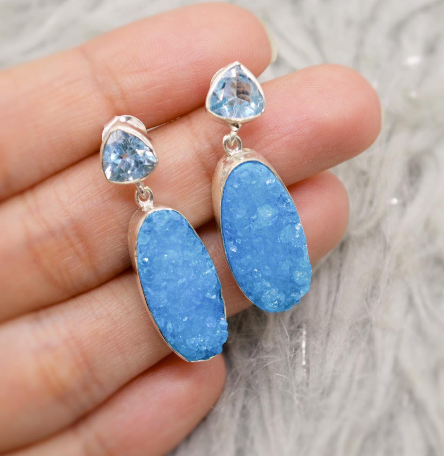 Blue Topaz, Druzy Agate Silver Dangle Earrings, Dainty Gemstone Drop Earrings, Unique Earrings, December Birthstone