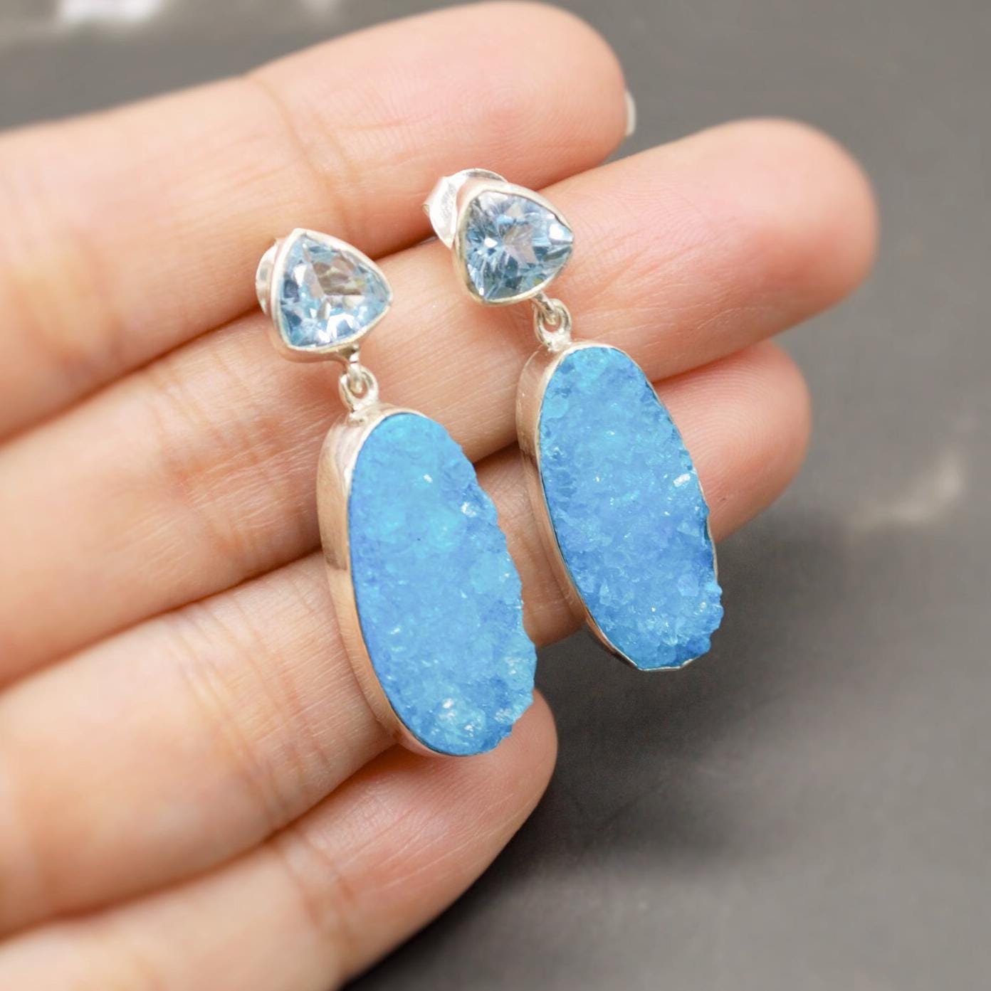 Blue Topaz, Druzy Agate Silver Dangle Earrings, Dainty Gemstone Drop Earrings, Unique Earrings, December Birthstone