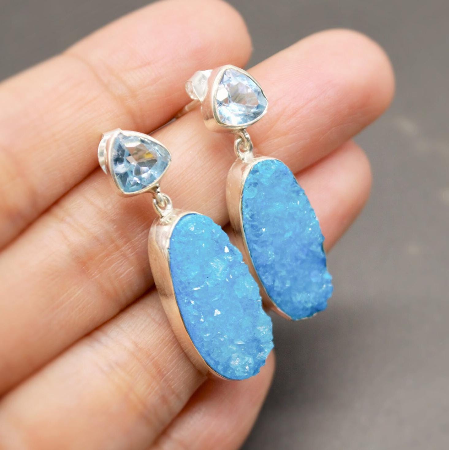 Blue Topaz, Druzy Agate Silver Dangle Earrings, Dainty Gemstone Drop Earrings, Unique Earrings, December Birthstone