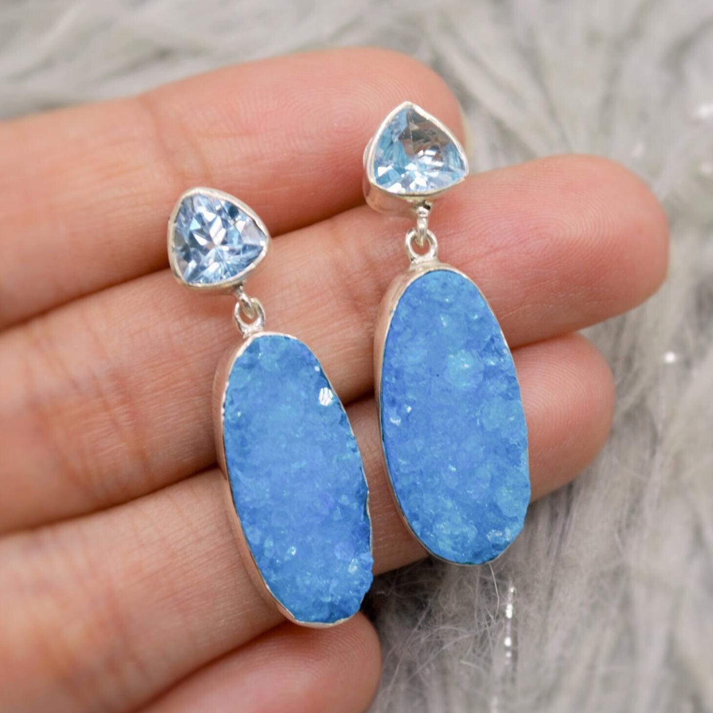 Blue Topaz, Druzy Agate Silver Dangle Earrings, Dainty Gemstone Drop Earrings, Unique Earrings, December Birthstone