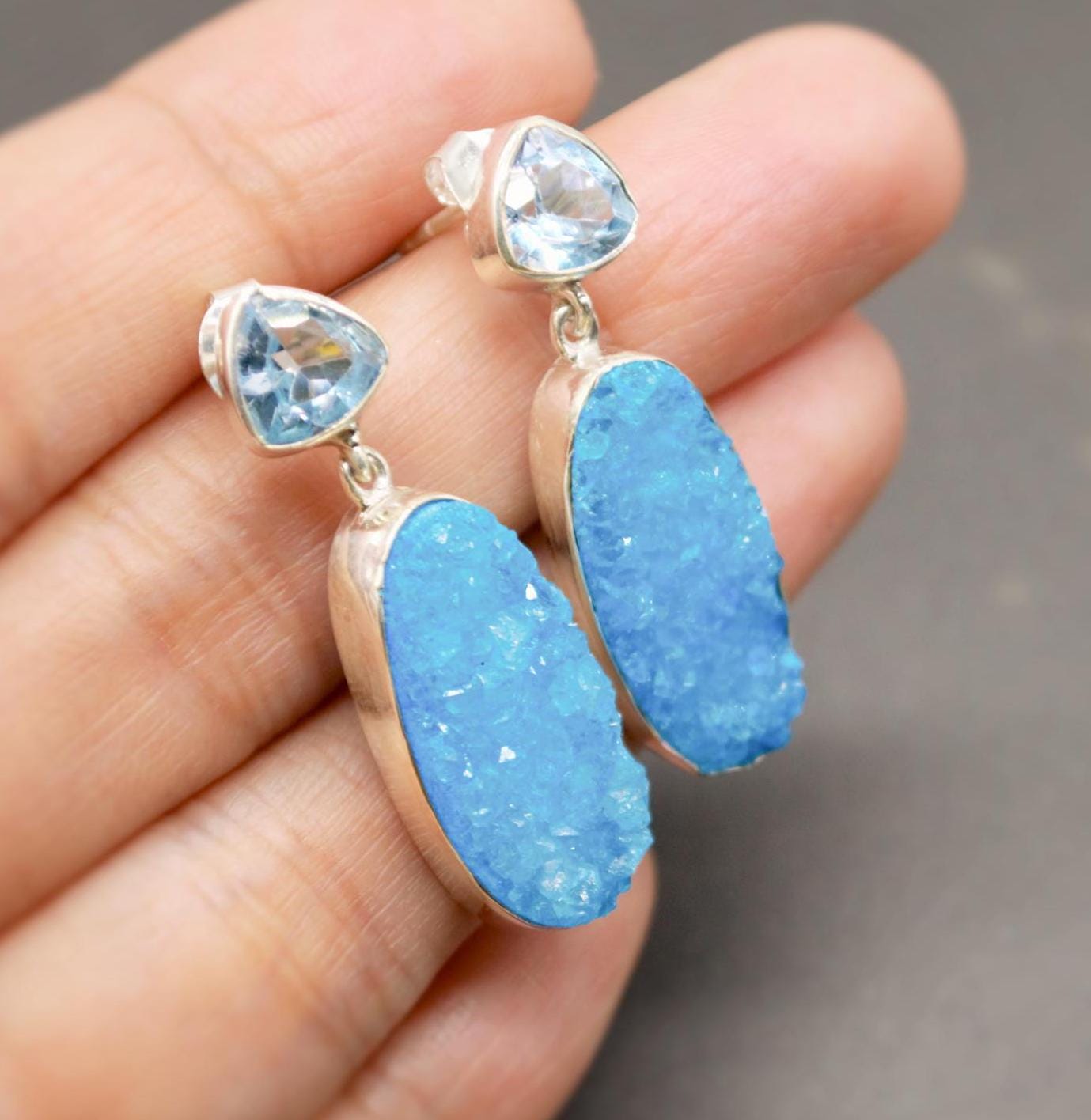 Blue Topaz, Druzy Agate Silver Dangle Earrings, Dainty Gemstone Drop Earrings, Unique Earrings, December Birthstone