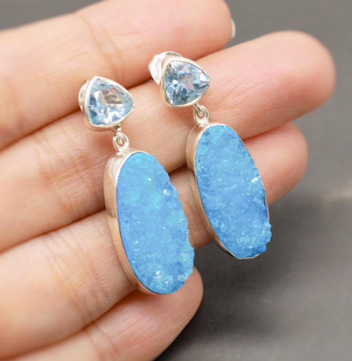 Blue Topaz, Druzy Agate Silver Dangle Earrings, Dainty Gemstone Drop Earrings, Unique Earrings, December Birthstone