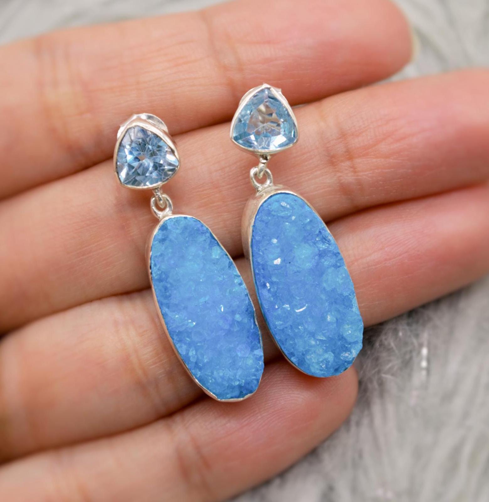 Blue Topaz, Druzy Agate Silver Dangle Earrings, Dainty Gemstone Drop Earrings, Unique Earrings, December Birthstone