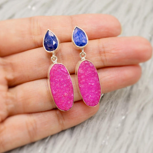 Blue Sapphire, Pink Druzy Agate Silver Earrings, September Birthstone Sapphire Earrings, Elegant Unique Boho Earrings Gift For Her