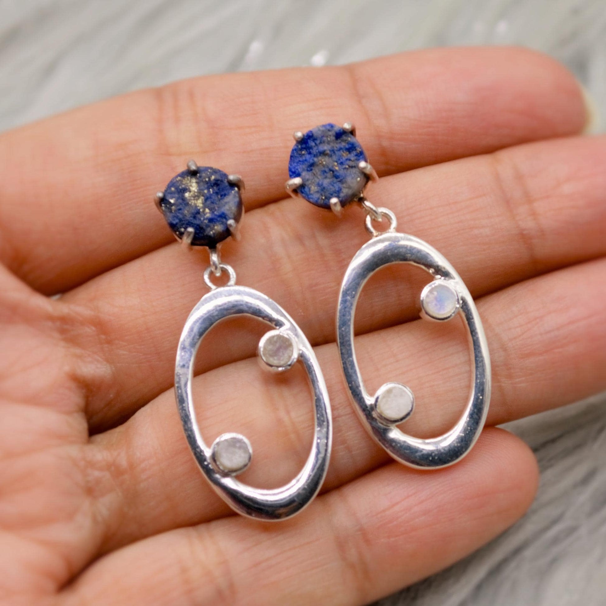 Lapis Lazuli, Moonstone Silver Earrings, June Birthstone, December Birthstone, Minimalist Blue Earrings, Sterling Silver Drop Earrings