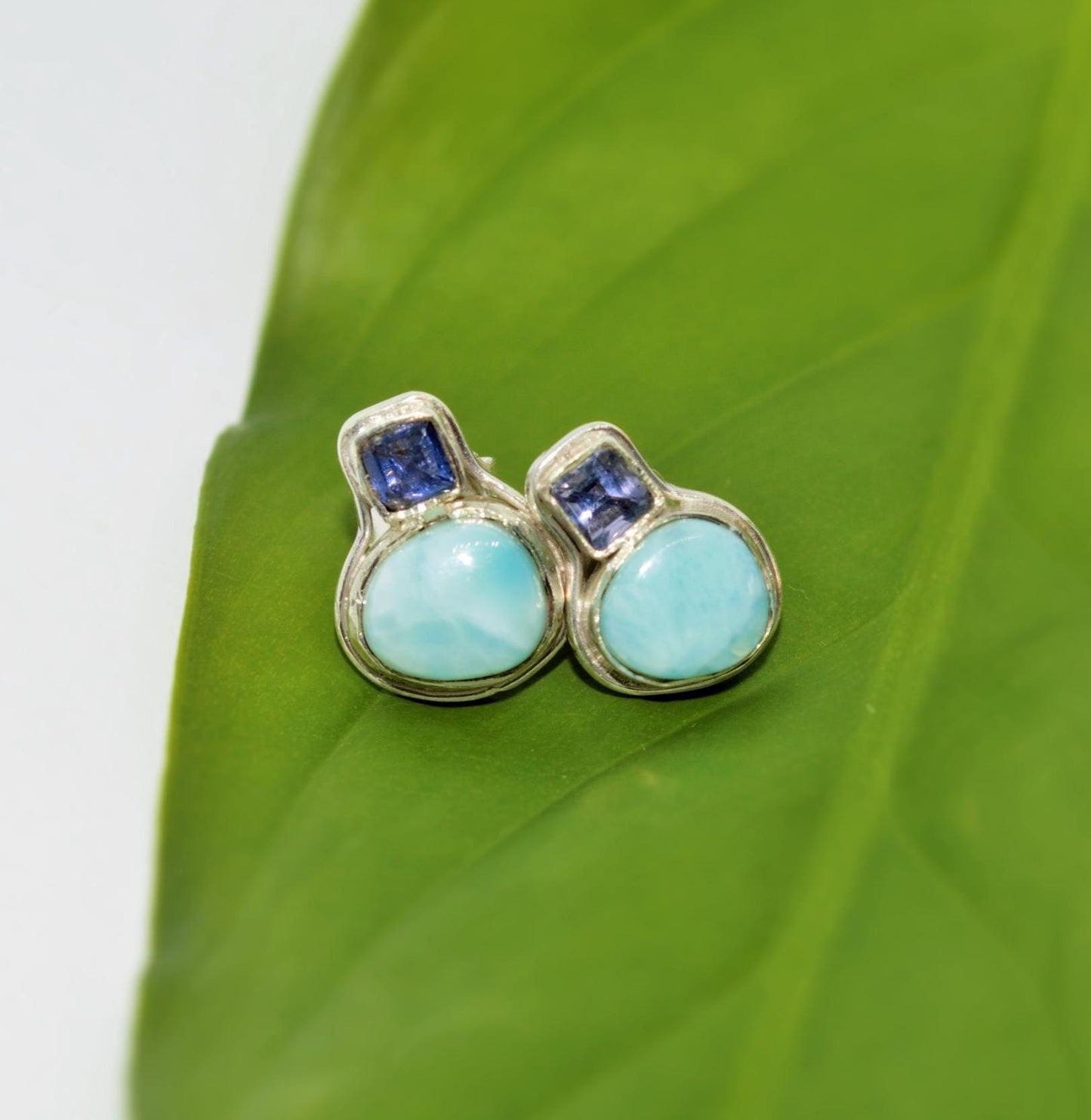 Larimar Earrings, Iolite and Larimar Gemstone, Iolite Earrings, Dainty Studs, Larimar Stud Earrings, Handmade Birthday Gift For Her