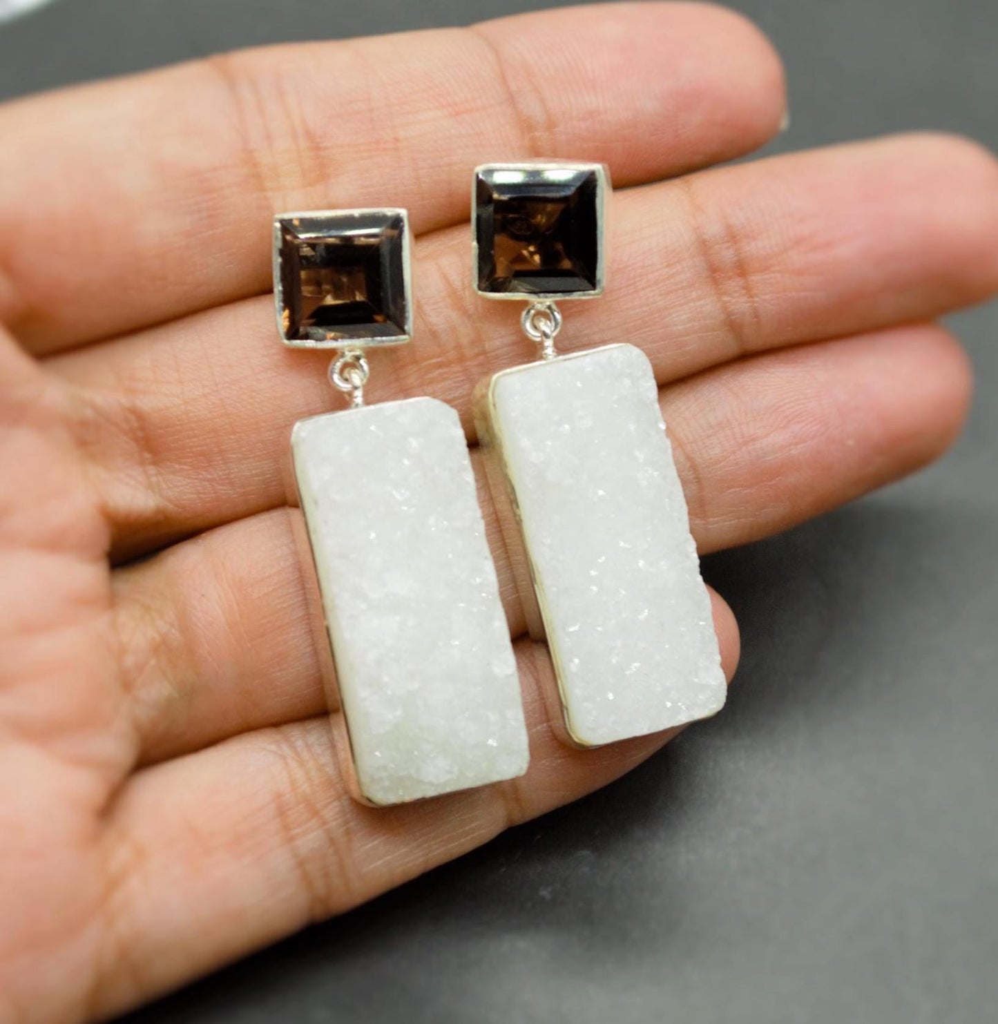 White Druzy Agate, Smoky Quartz Silver Earrings, Unique Handmade Gemstone Drop Earrings