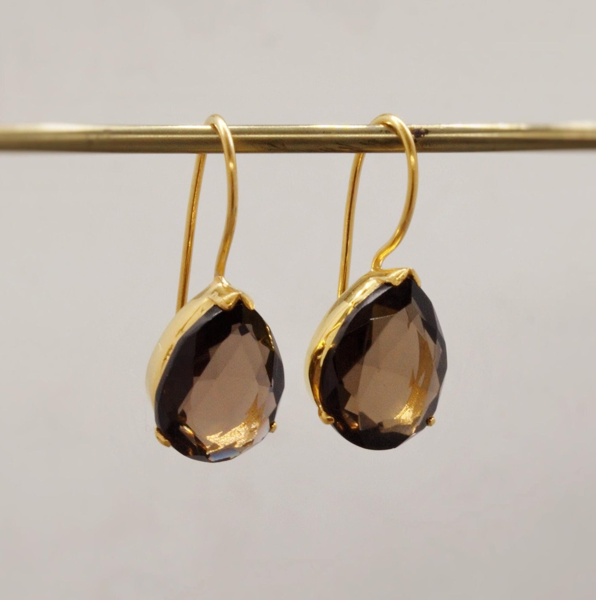 Smokey Quartz Gold Earrings, Black Quartz Dangle Drop Gemstone Earrings, Smoky Quartz, Bridesmaid Gift, Birthday, Gift For Her