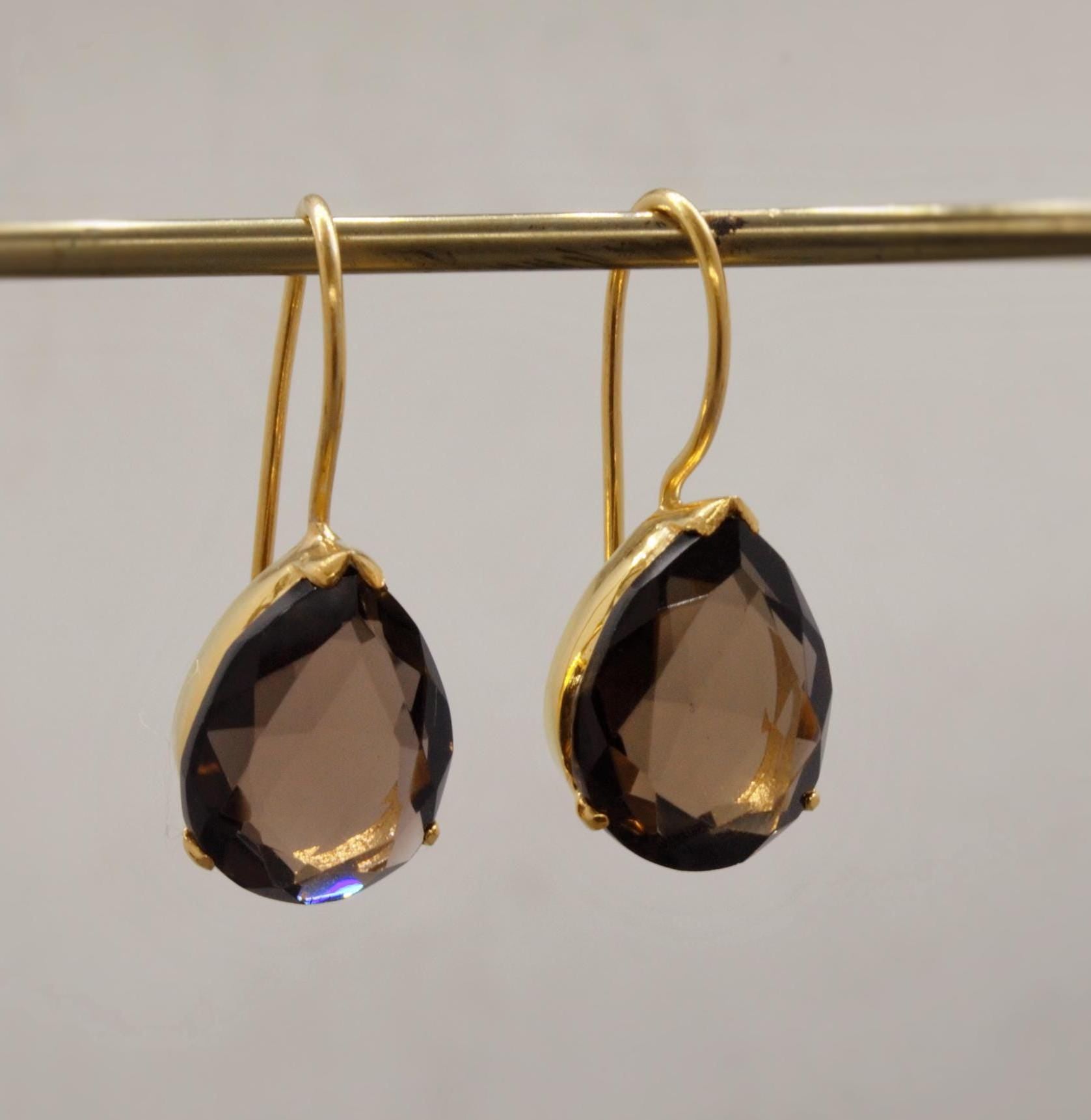 Smokey Quartz Gold Earrings, Black Quartz Dangle Drop Gemstone Earrings, Smoky Quartz, Bridesmaid Gift, Birthday, Gift For Her