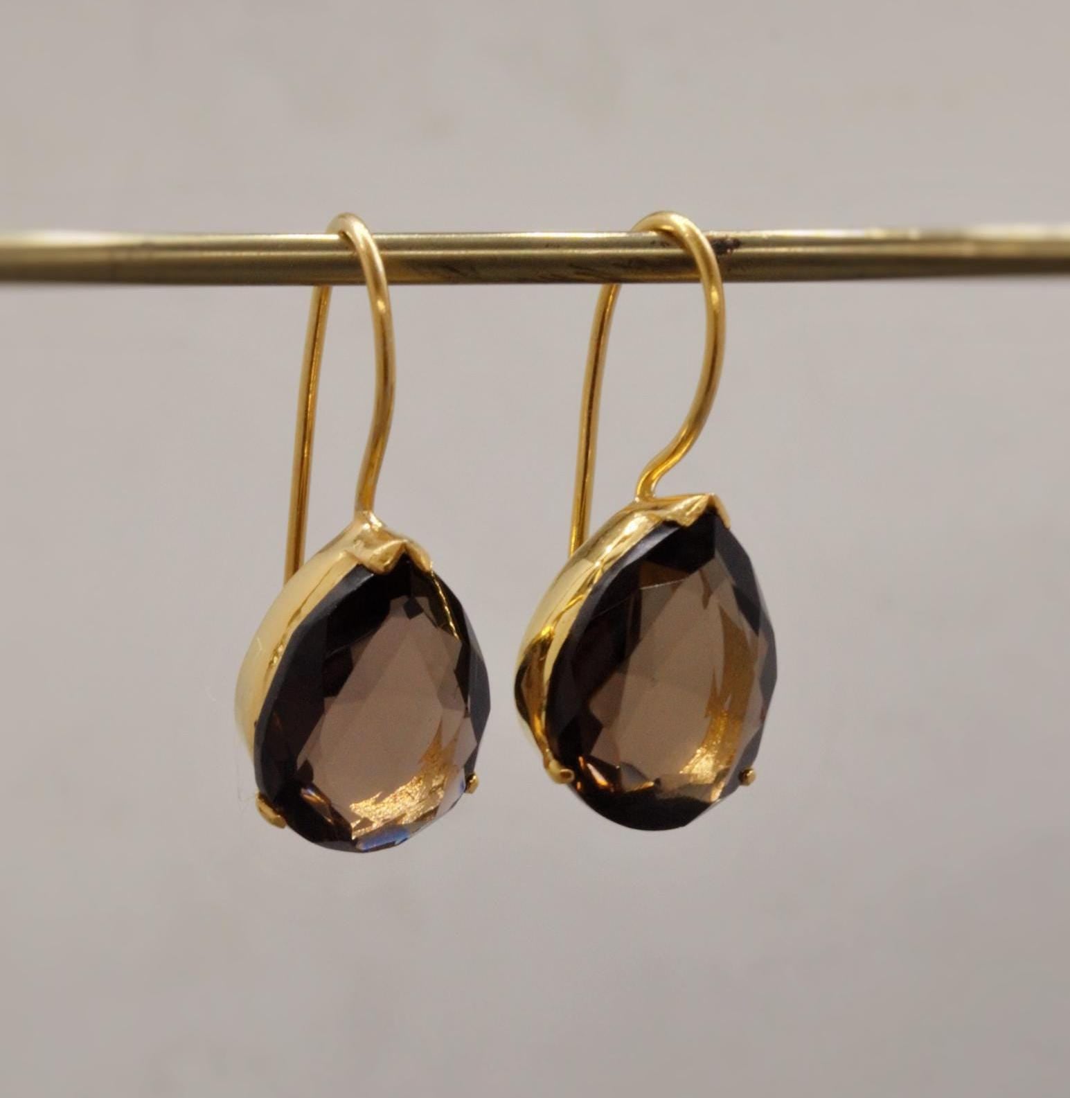 Smokey Quartz Gold Earrings, Black Quartz Dangle Drop Gemstone Earrings, Smoky Quartz, Bridesmaid Gift, Birthday, Gift For Her