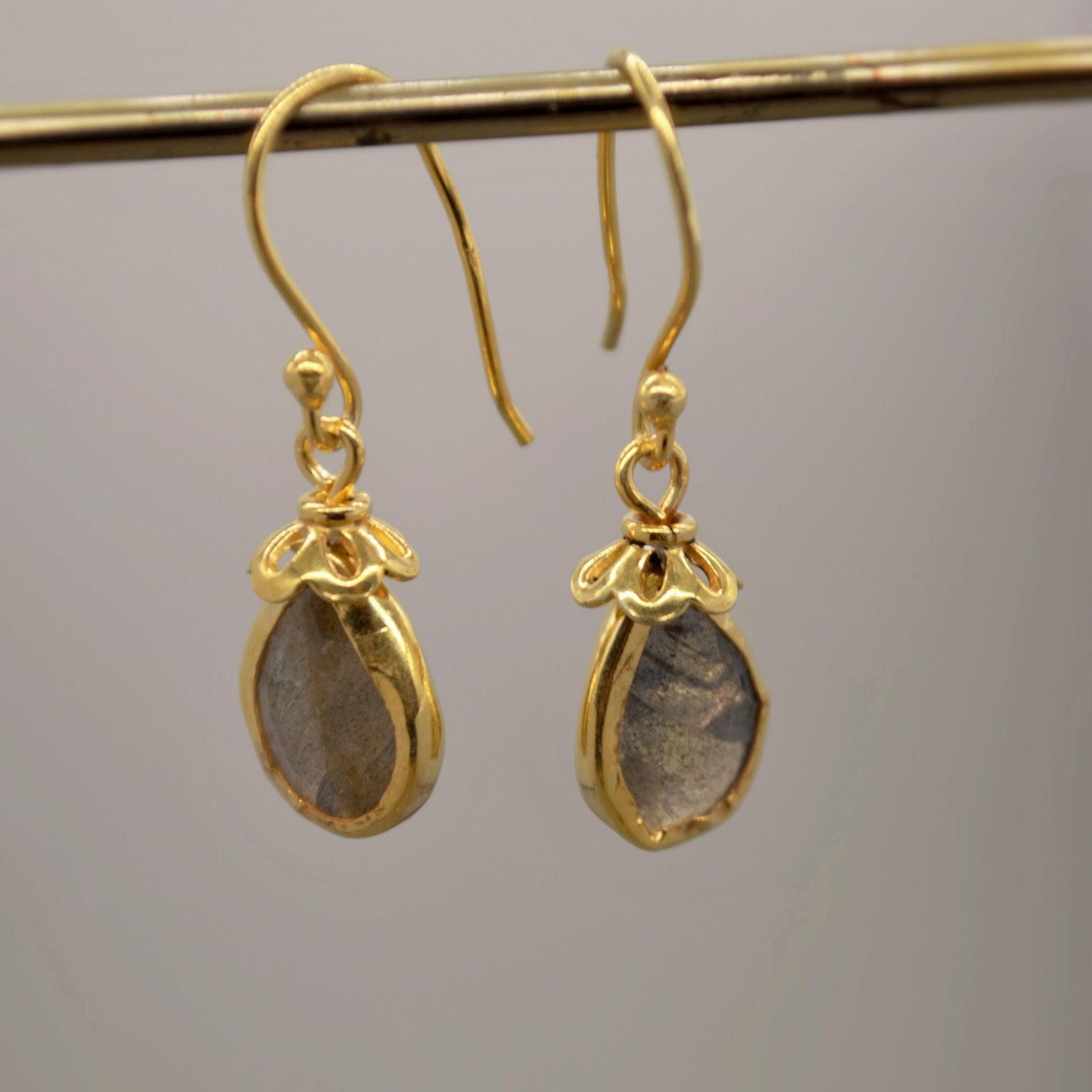 Labradorite Dangle Silver Earrings, Gold Plated Sterling Silver, Handmade Gemstone Earrings, Labradorite Stone Jewelry, Gift For Her