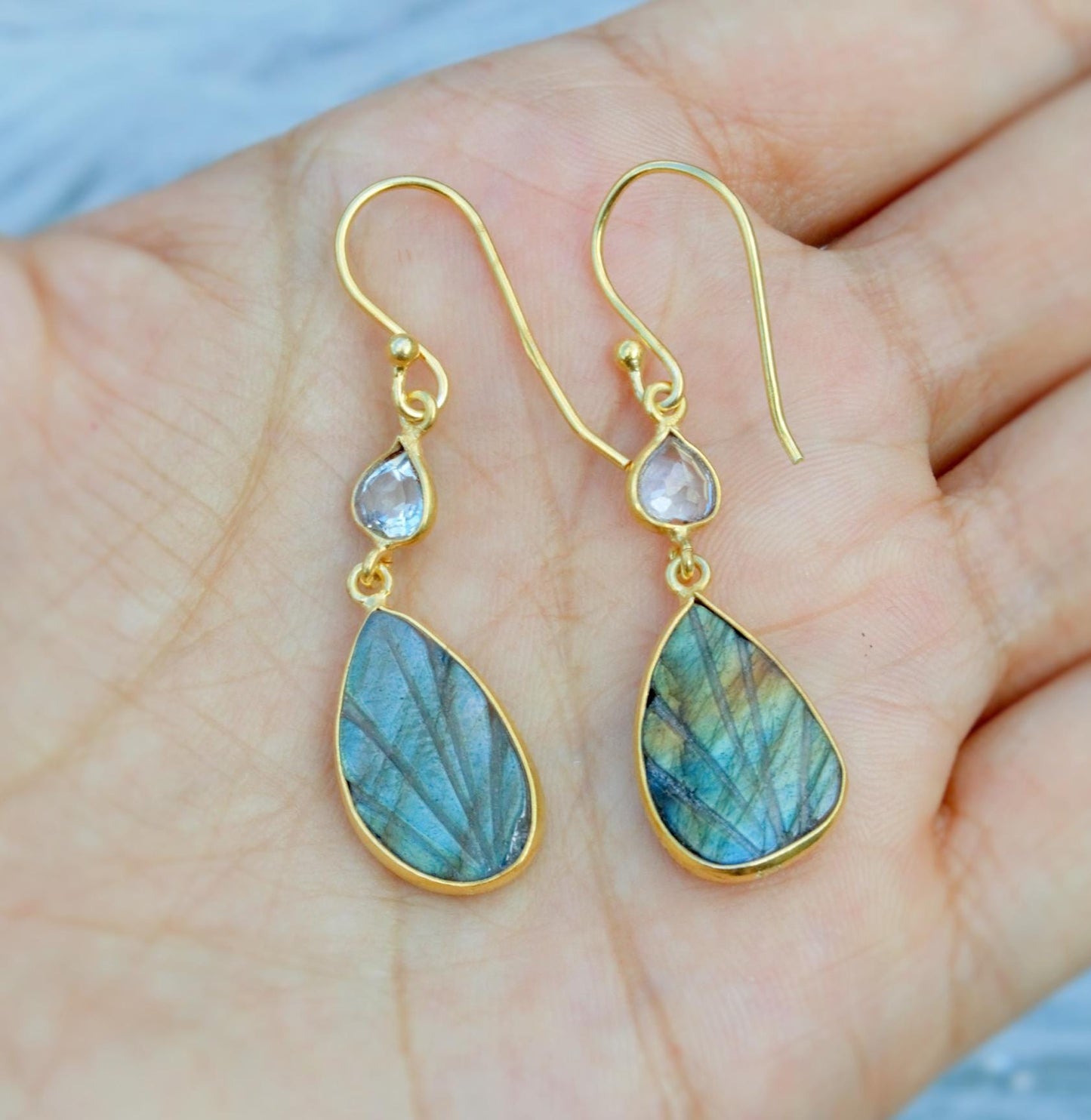 Labradorite, Blue Topaz Earrings, Dangle Drop Gemstone Earrings, Unique Gold Plated Sterling Silver Earrings, December Birthstone Earrings