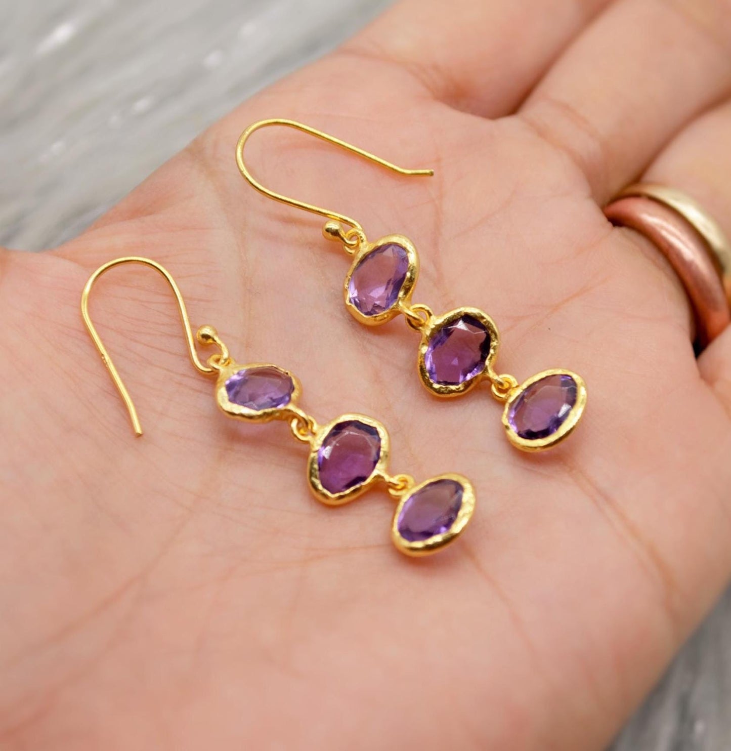 Amethyst Sterling Silver Drop Earrings, February Birthstone Earrings, Amethyst Gold Earrings, Dangle Drop Handmade Gemstone Earrings