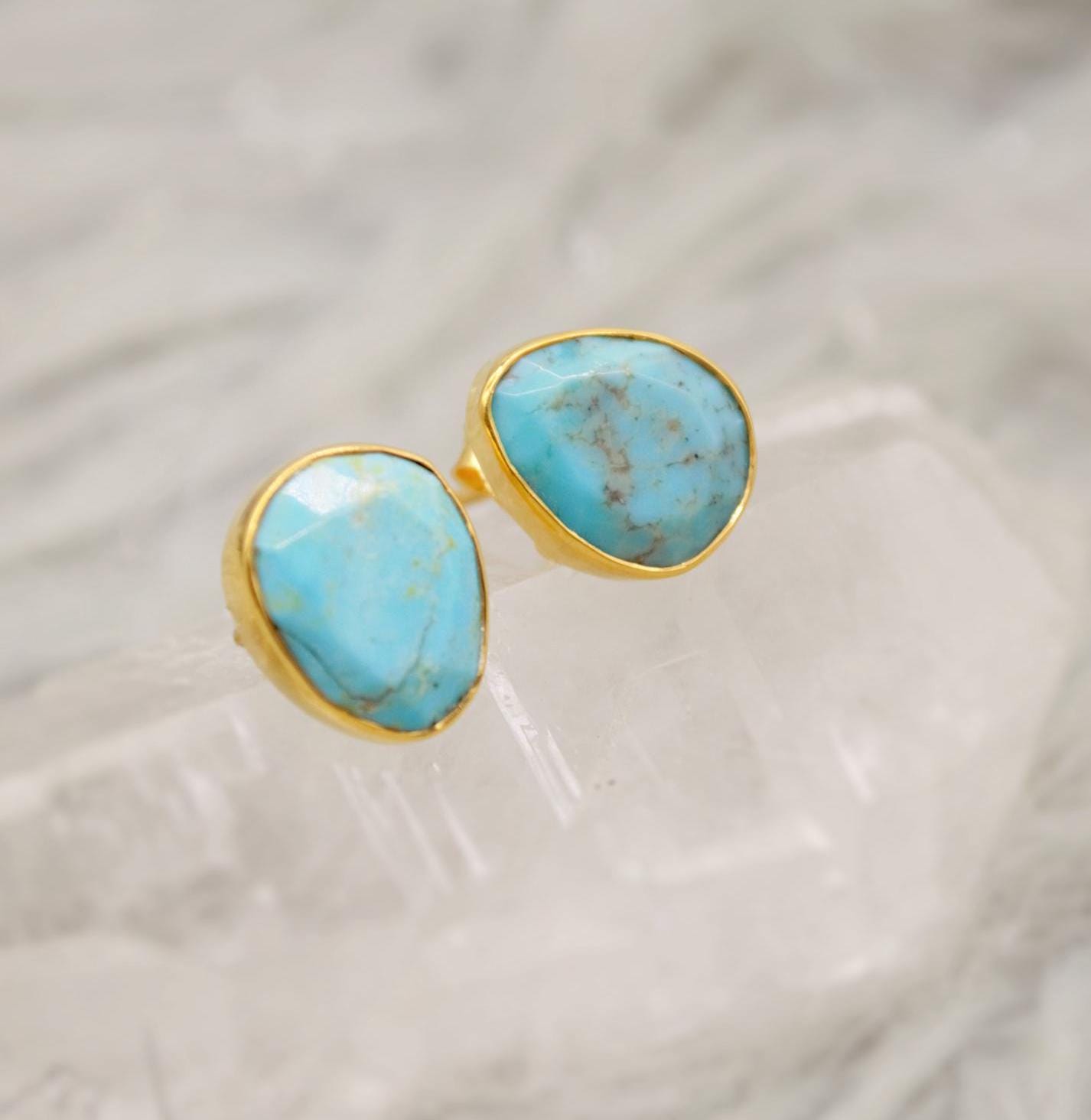 Blue Turquoise Gold Stud Earrings, Dainty Earrings, December Birthstone, Gold Plated Sterling Silver Stud, Birthday Gift For Her