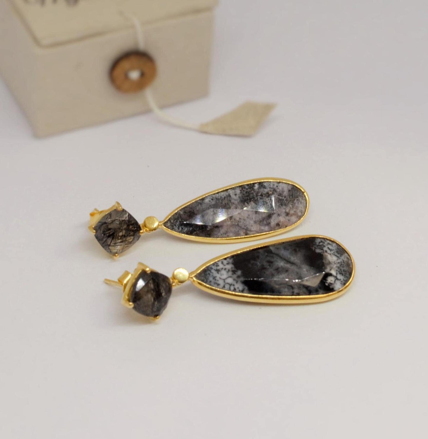 Black Rutilated Quartz Dendritic Opal Earrings, Gold Earrings, Gold Plated Sterling Silver, Gemstone Earrings