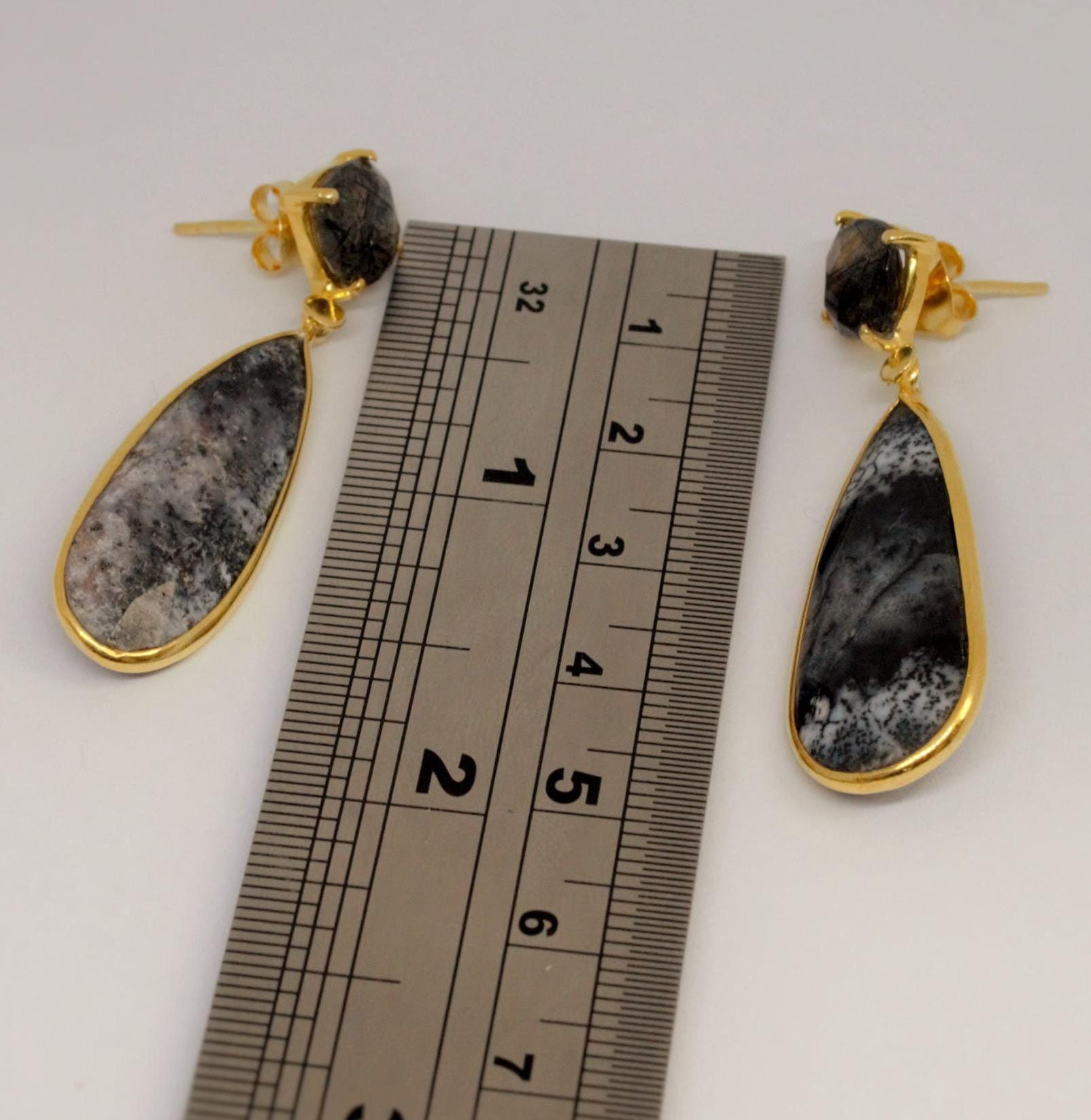 Black Rutilated Quartz Dendritic Opal Earrings, Gold Earrings, Gold Plated Sterling Silver, Gemstone Earrings