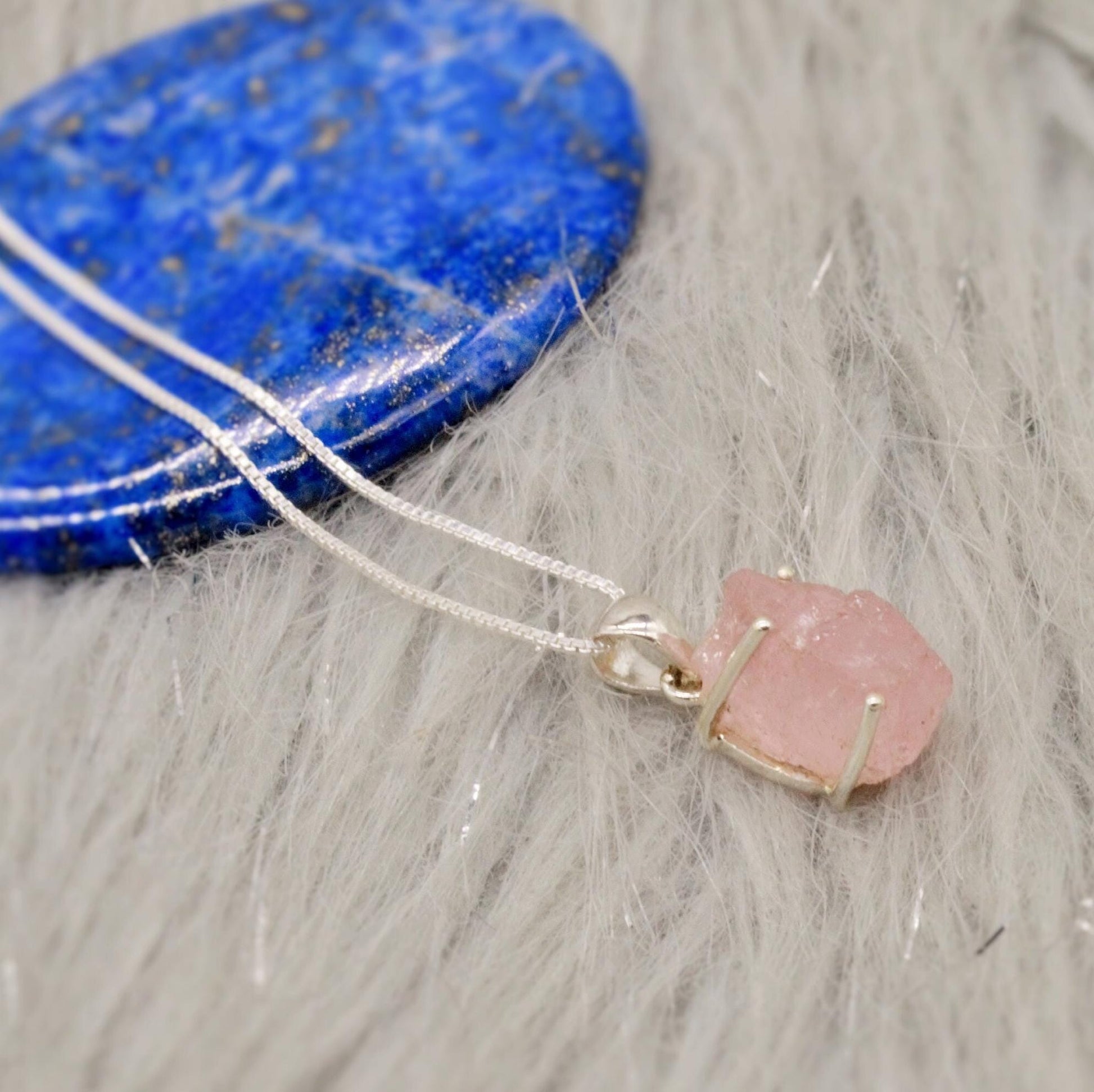 Raw Rose Quartz Chain Pendant Necklace, Rough Cut Rose Quartz Necklace, Dainty Gemstone, Sterling Silver, Birthday Gifts For Her