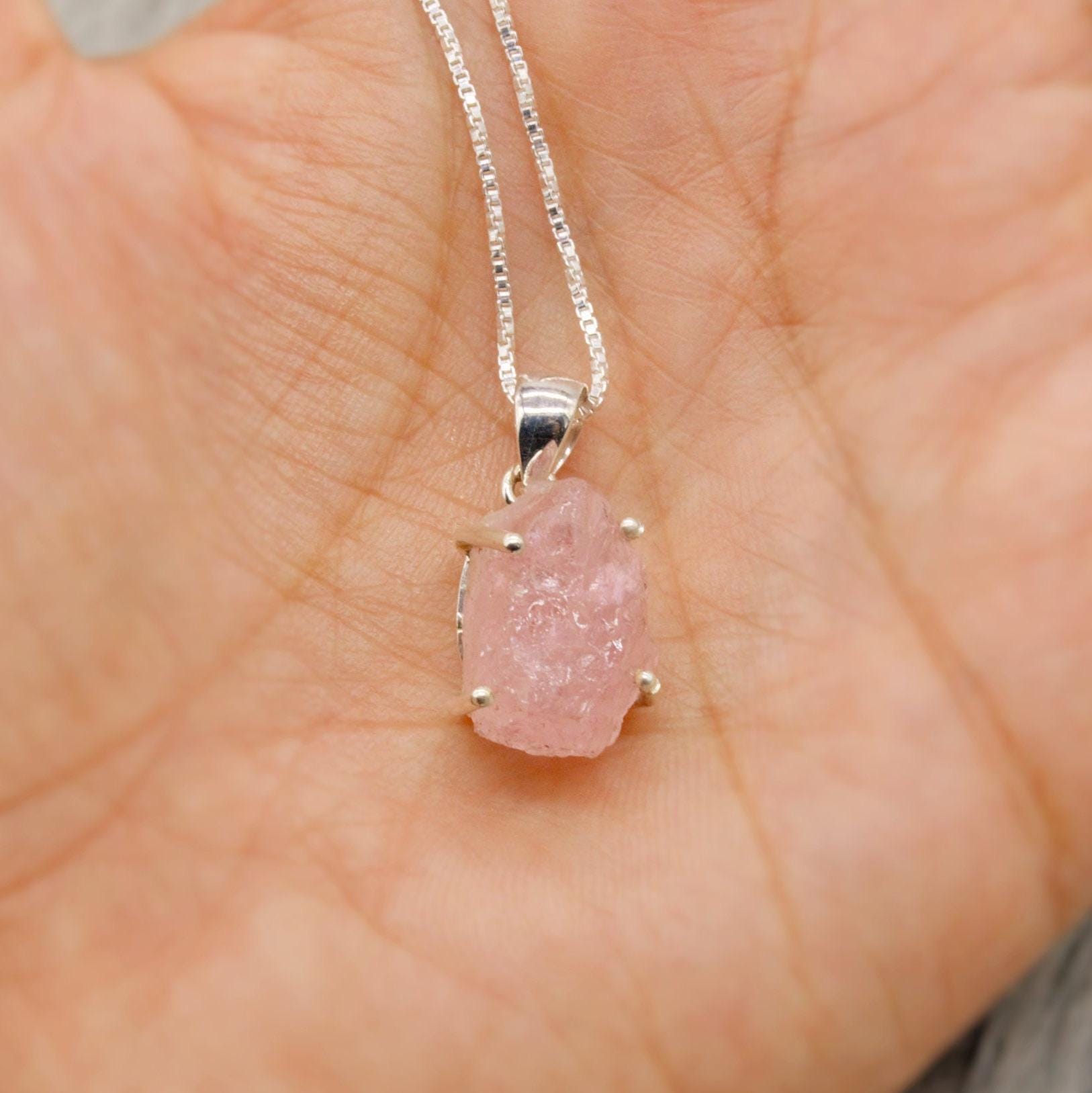 Raw Rose Quartz Chain Pendant Necklace, Rough Cut Rose Quartz Necklace, Dainty Gemstone, Sterling Silver, Birthday Gifts For Her