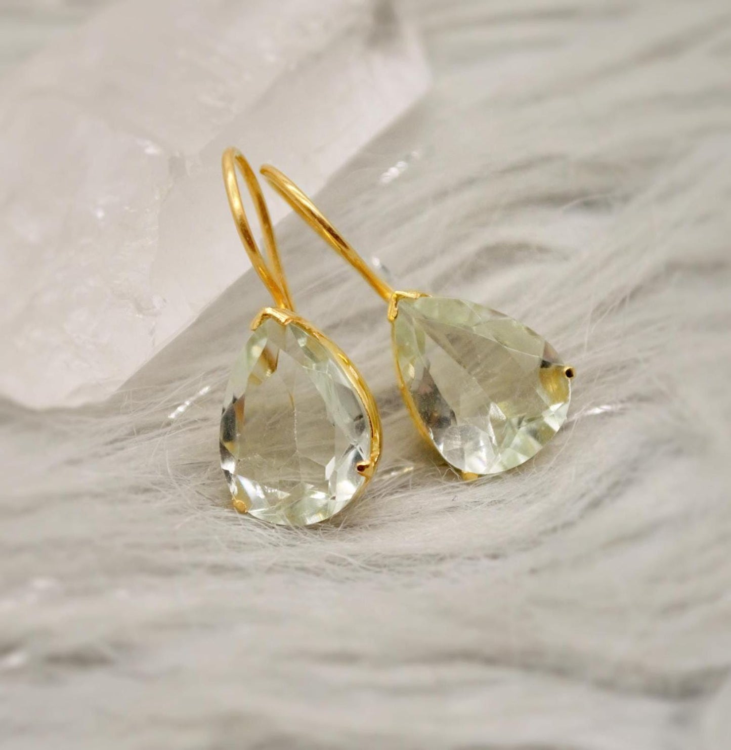 Green Amethyst Gold Earrings, Gold Plated Sterling Silver, February Birthstone Jewelry, Drop Earrings, Gemstone Dangle, Friend Birthday Gift