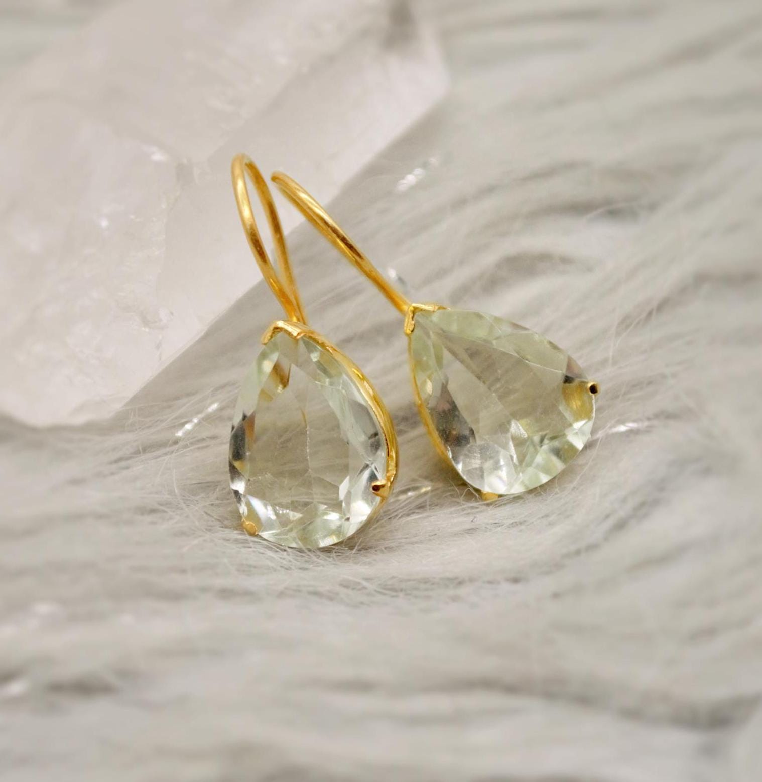 Green Amethyst Gold Earrings, Gold Plated Sterling Silver, February Birthstone Jewelry, Drop Earrings, Gemstone Dangle, Friend Birthday Gift