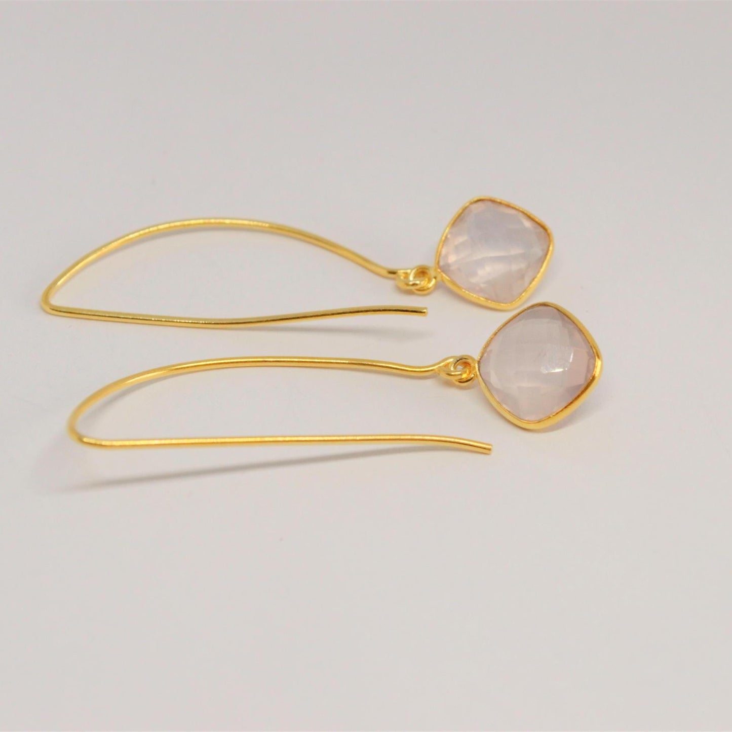 Rose Quartz Gold Earrings, Gold Plated Gemstone Earrings, Unique Dangle Drop Earrings, Birthday Gifts For Her