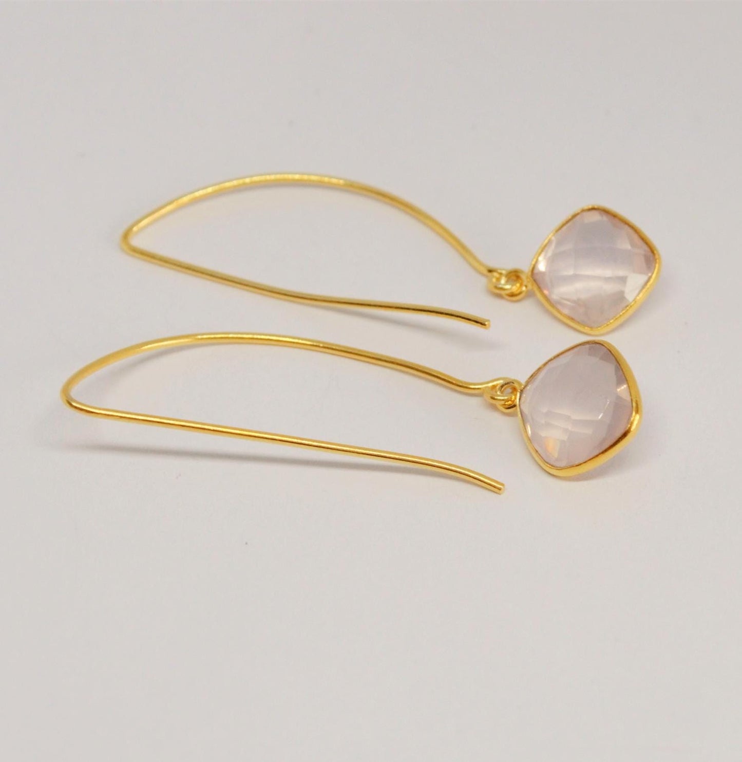 Rose Quartz Gold Earrings, Gold Plated Gemstone Earrings, Unique Dangle Drop Earrings, Birthday Gifts For Her