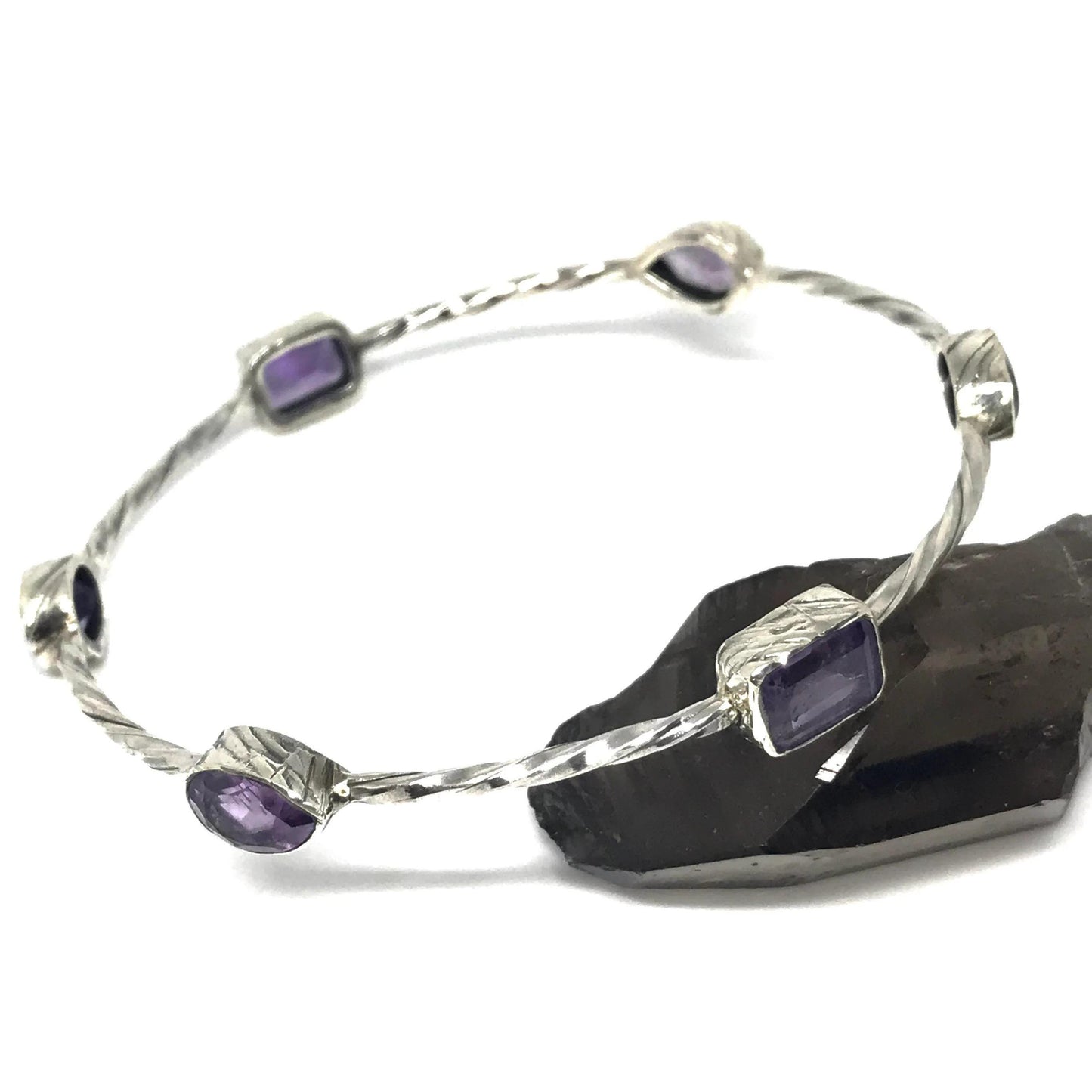 Amethyst Sterling Silver Bracelet, February Birthstone, Gemstone Dainty Bracelets For Women, Oxidized Silver, Birthday Gift, 6.5 cm diameter