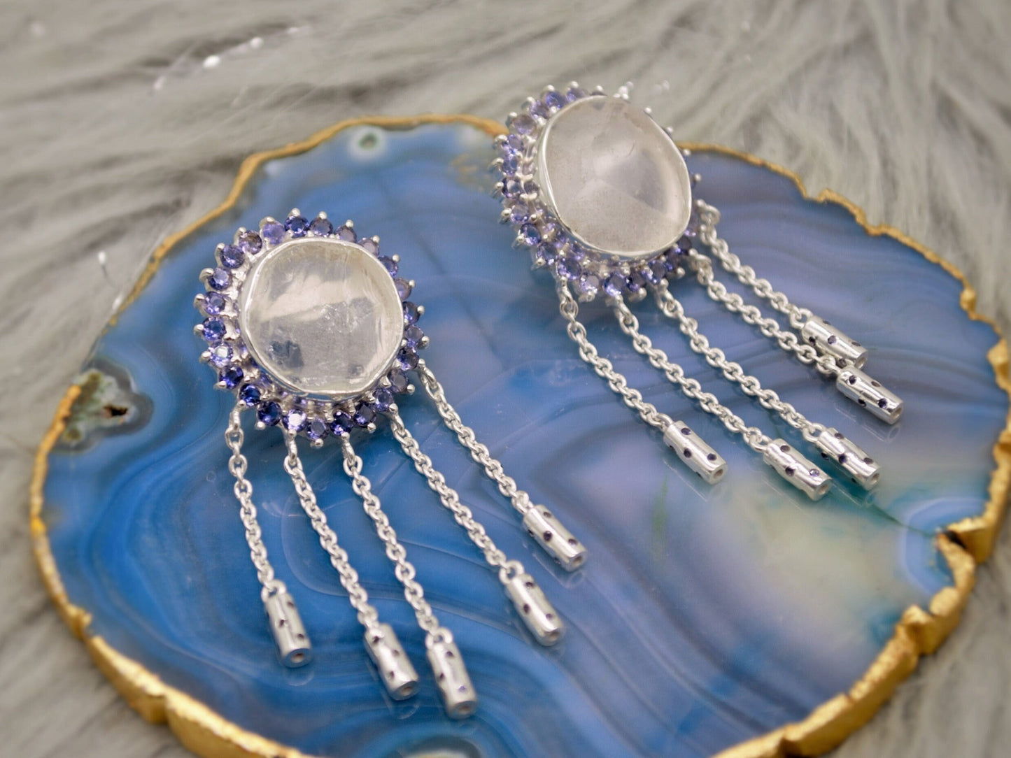 Iolite, Clear Quartz Silver Drop Earrings, Clear Quartz Crystal, Unique Statement Gemstone Jhumka Earrings Bridesmaid Gifts for Her