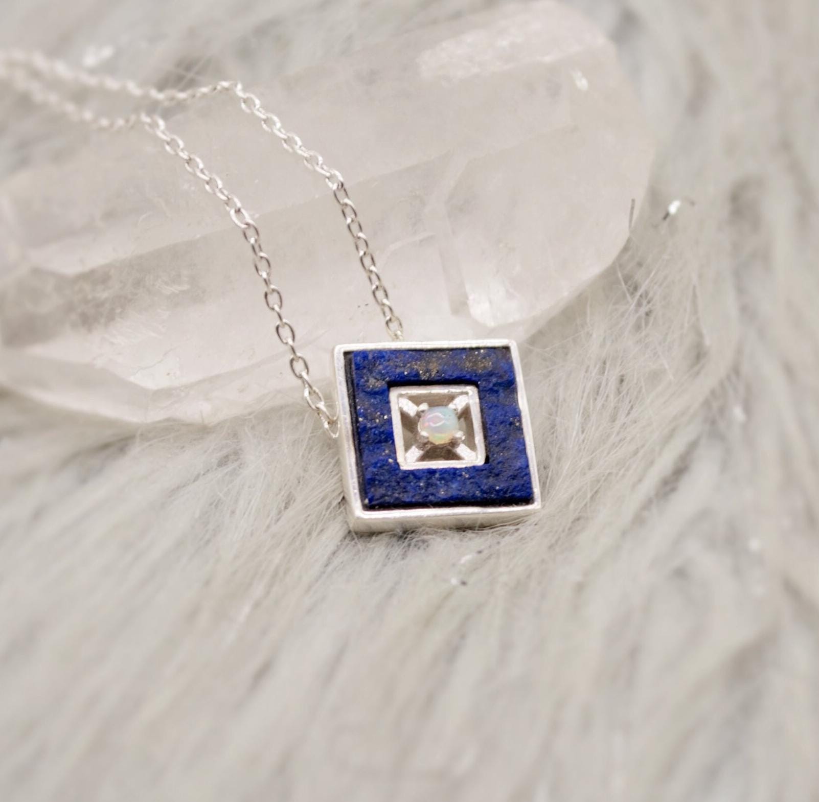 Raw Lapis Lazuli, Opal Pendant Necklace, Sterling Silver Chain Necklace, December Birthstone, Blue Gemstone Necklace Gift For Her