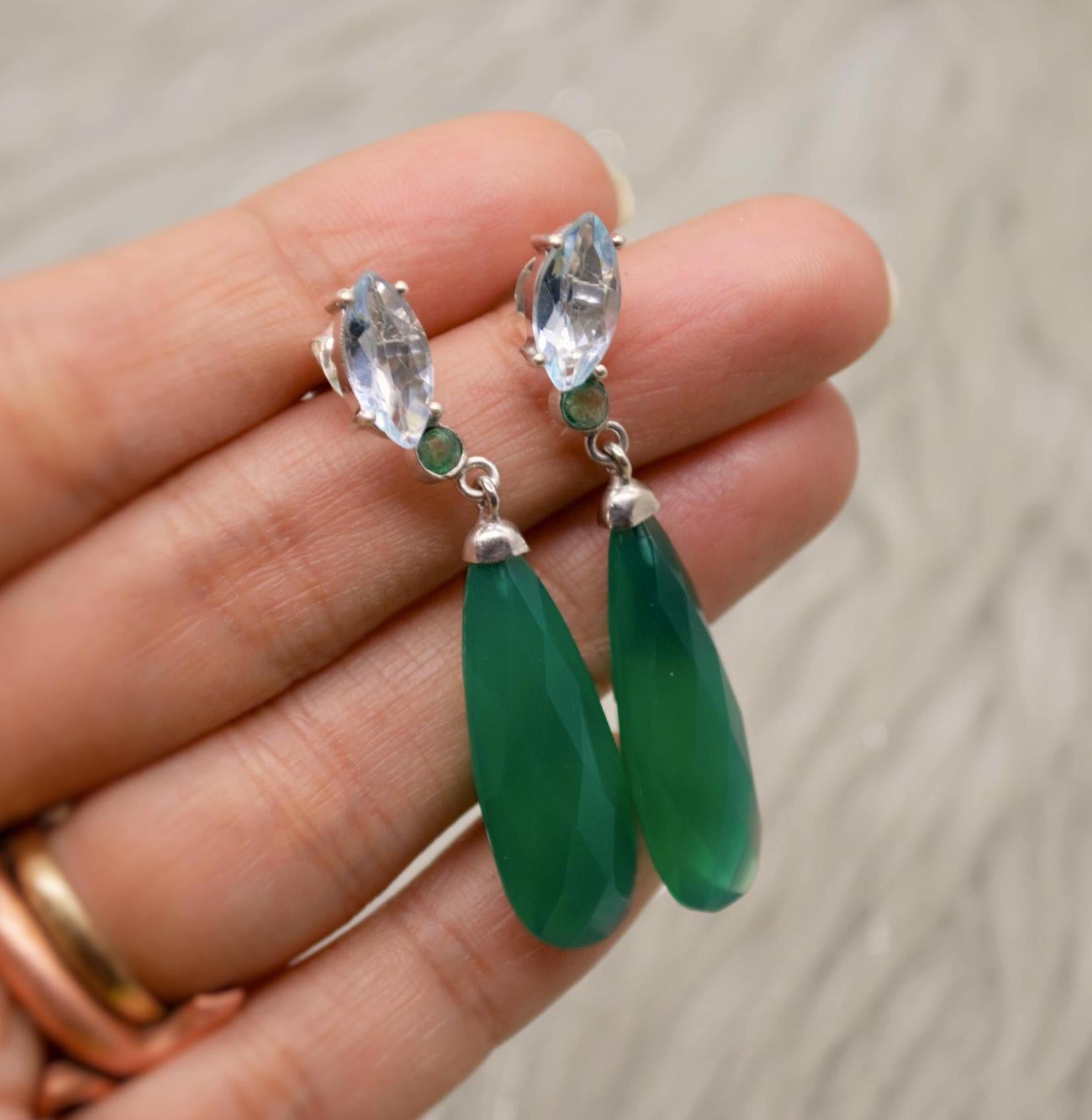 Green Onyx, Blue Topaz, Emerald Earrings, Sterling Silver Gemstone Earrings, May, December Birthstone Earrrings, Birthday Gifts For Her