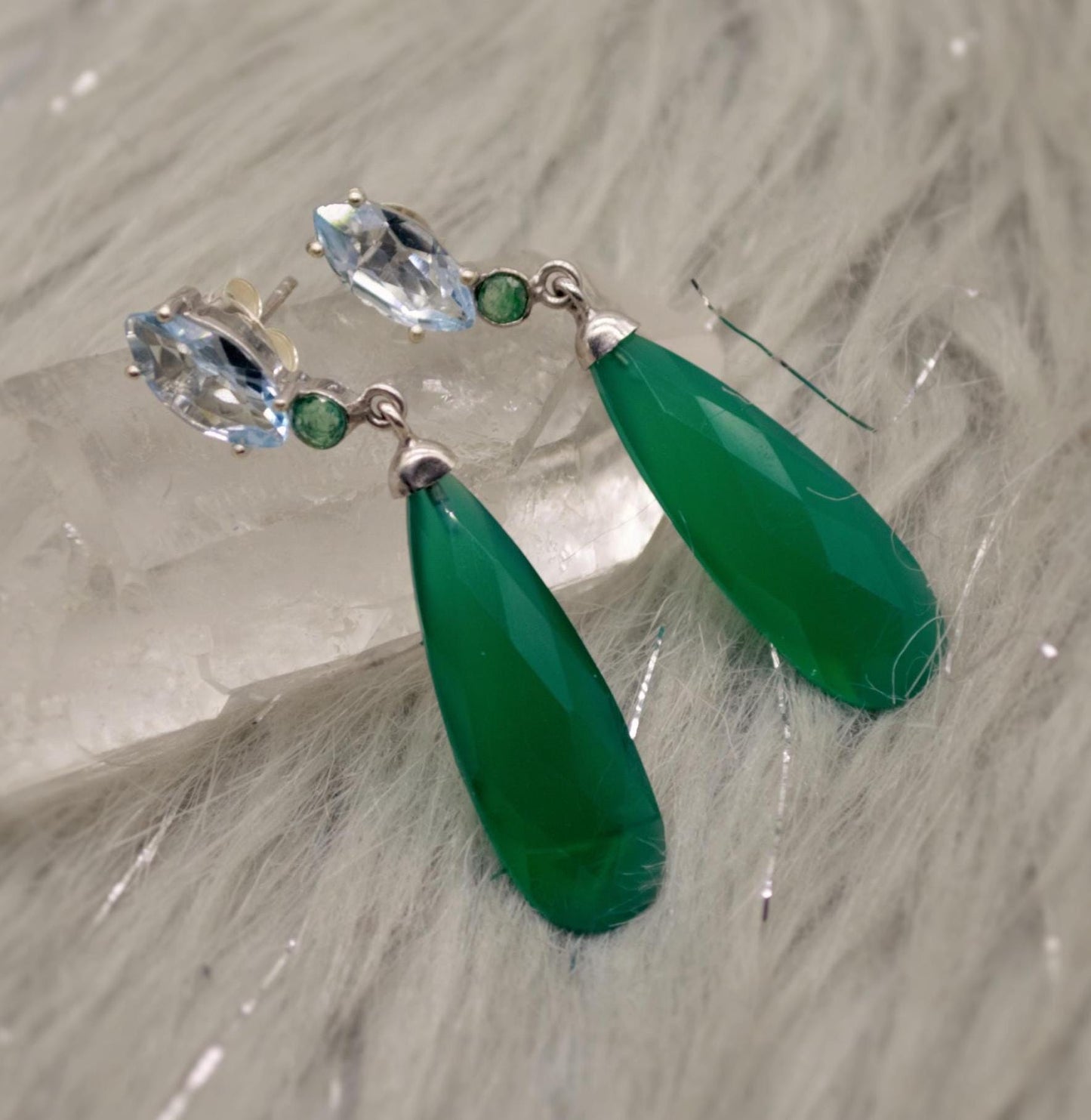 Green Onyx, Blue Topaz, Emerald Earrings, Sterling Silver Gemstone Earrings, May, December Birthstone Earrrings, Birthday Gifts For Her