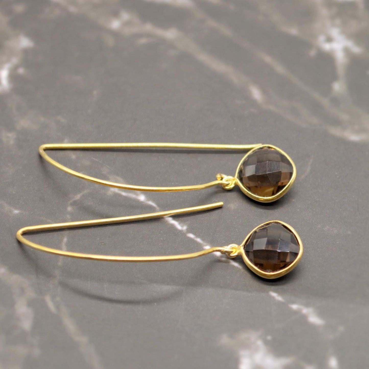 Smoky Quartz Gold Earrings, Black Quartz Dangle Drop Earrings, Smokey Quartz Jewelry, Birthday Gift For Her